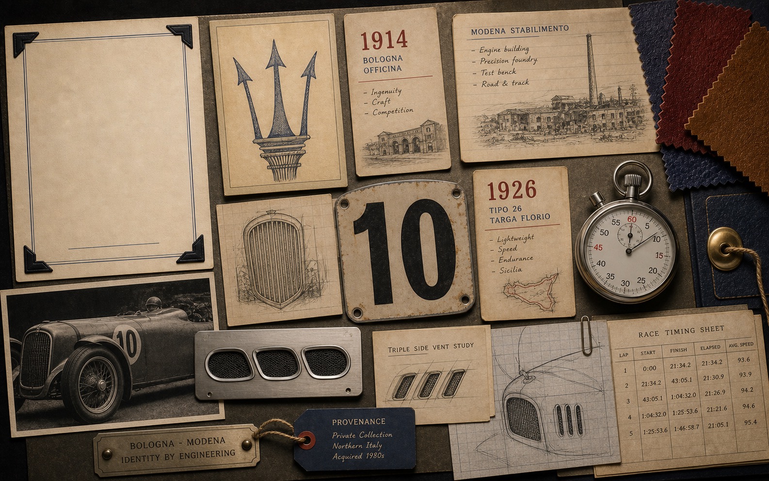 Premium editorial archive still-life of a Maserati Trident racing-origin case with trident study, 1914 Bologna workshop card, 1926 Tipo 26 Targa Florio card, Modena factory note, racing number tag, grille sketch, triple side vent study, stopwatch, and timing sheet