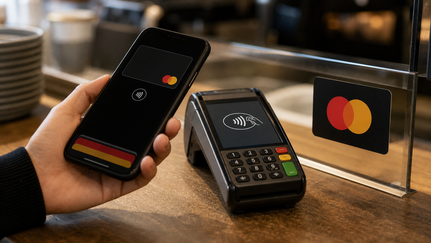 Digital wallet payment scene with phone, contactless terminal, and Mastercard acceptance cue.