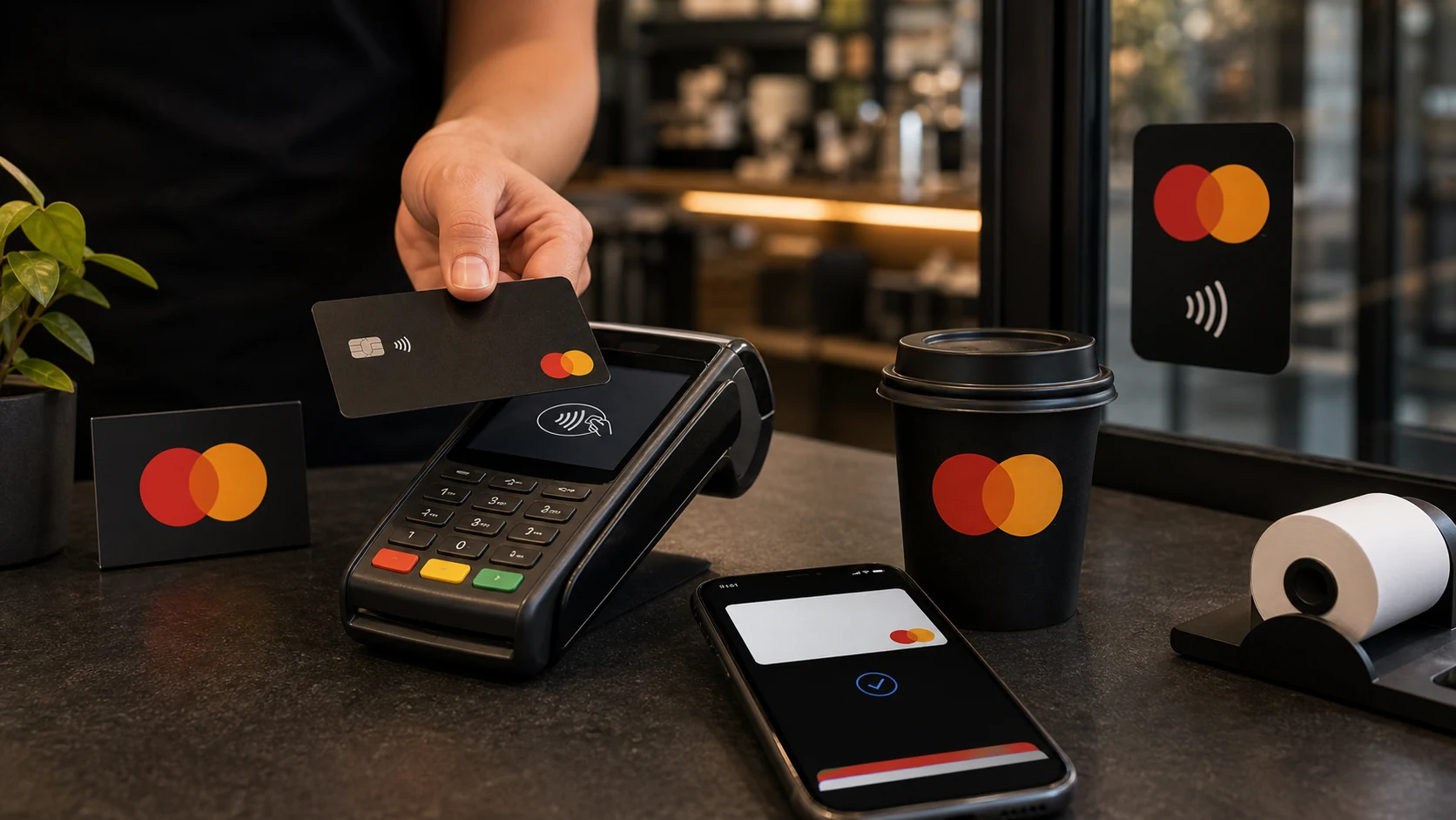 Payment acceptance visual showing card, terminal, and digital-wallet context.