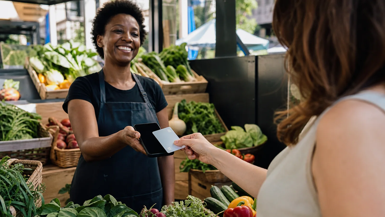 Merchant accepting an unbranded contactless card on a smartphone at a produce market.