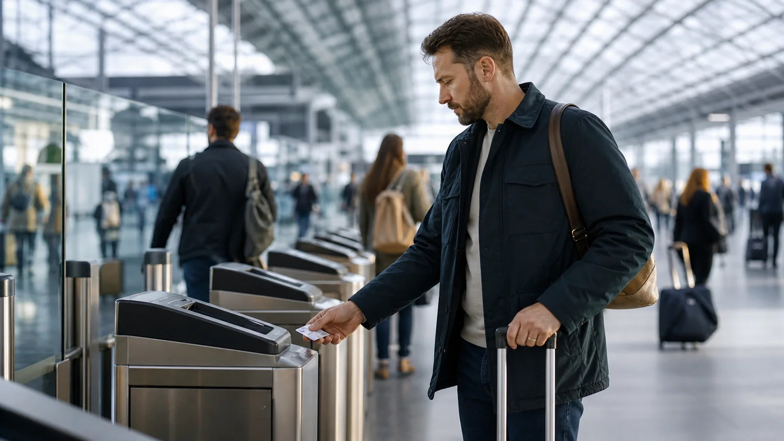 Traveler tapping an unbranded payment card at a modern transit gate.