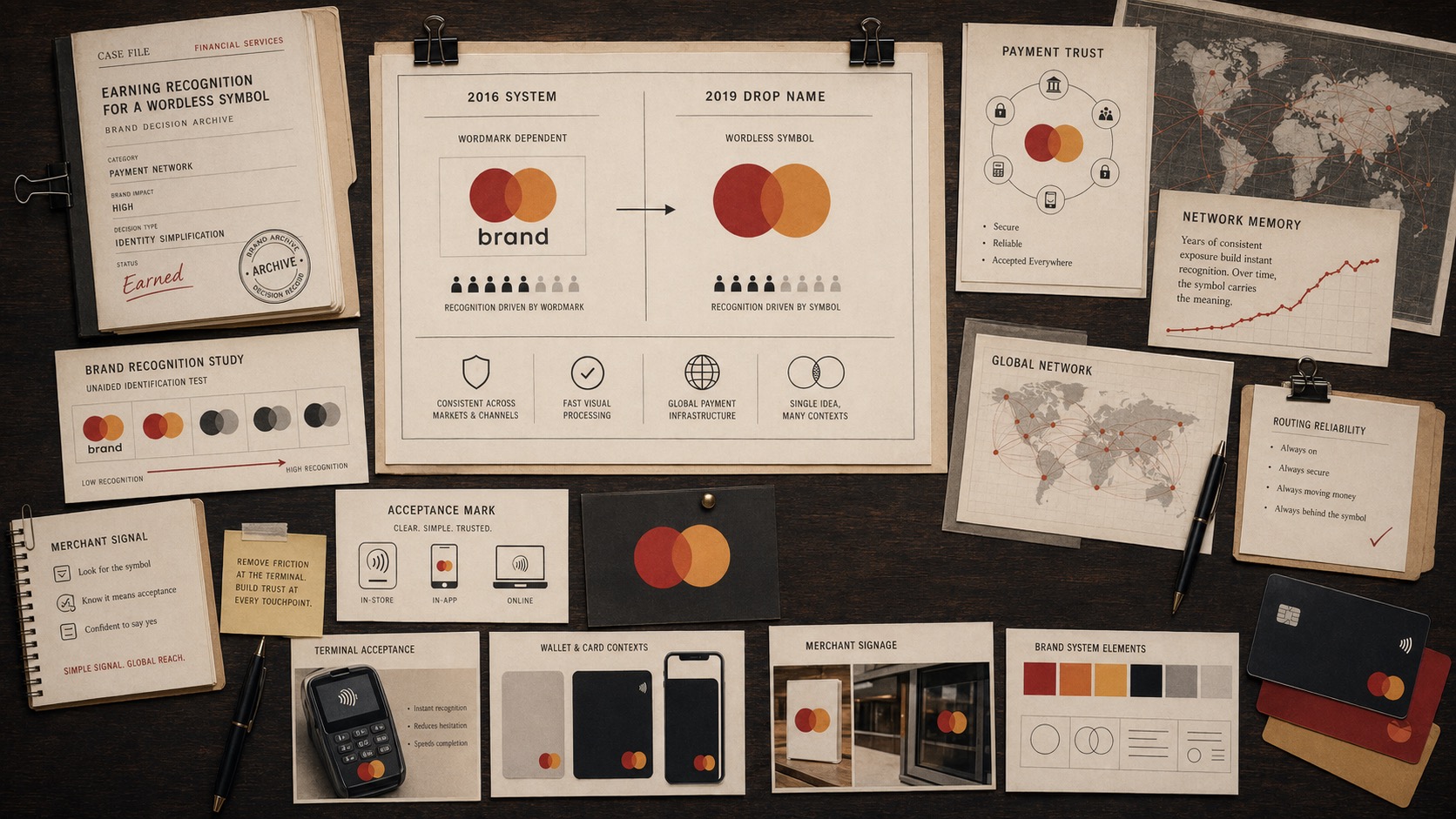 Premium editorial archive still-life of a payment-network recognition case board with wordless symbol tests, merchant acceptance proofs, generic card and terminal silhouettes, global routing maps, and network trust notes