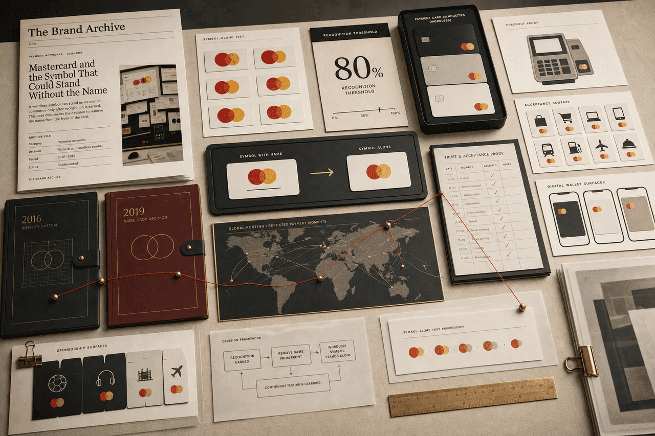 Premium editorial archive still-life of a Mastercard wordless-symbol recognition case board with 80 percent recognition threshold card, symbol-alone tests, payment-surface cards, checkout terminal, and acceptance proof notes