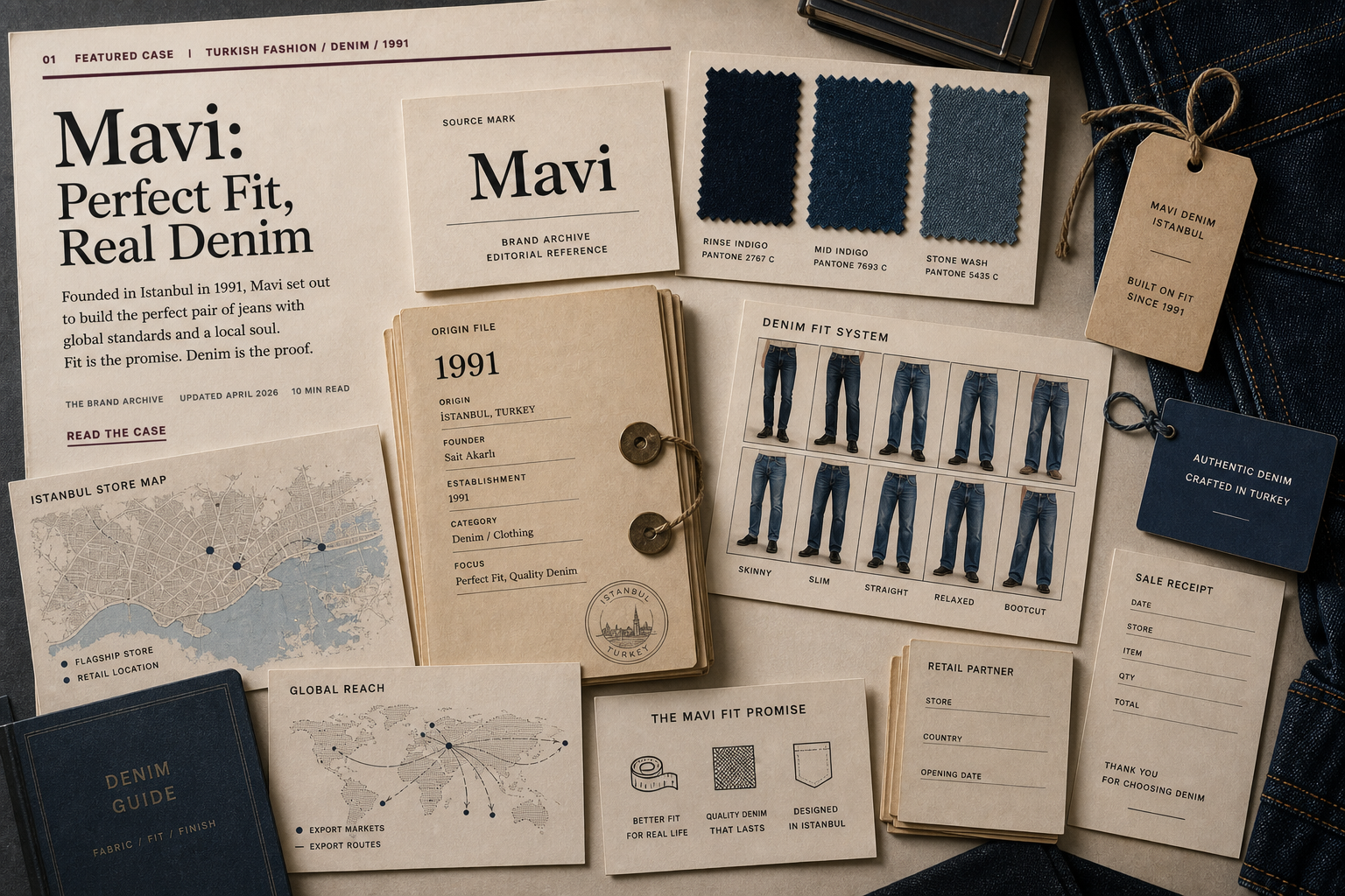 Premium editorial archive still-life of a Mavi denim fit case with source-mark card, indigo denim swatches, jean fit cards, Istanbul origin file, model-free lookbook, store map, hang tags, and export route card