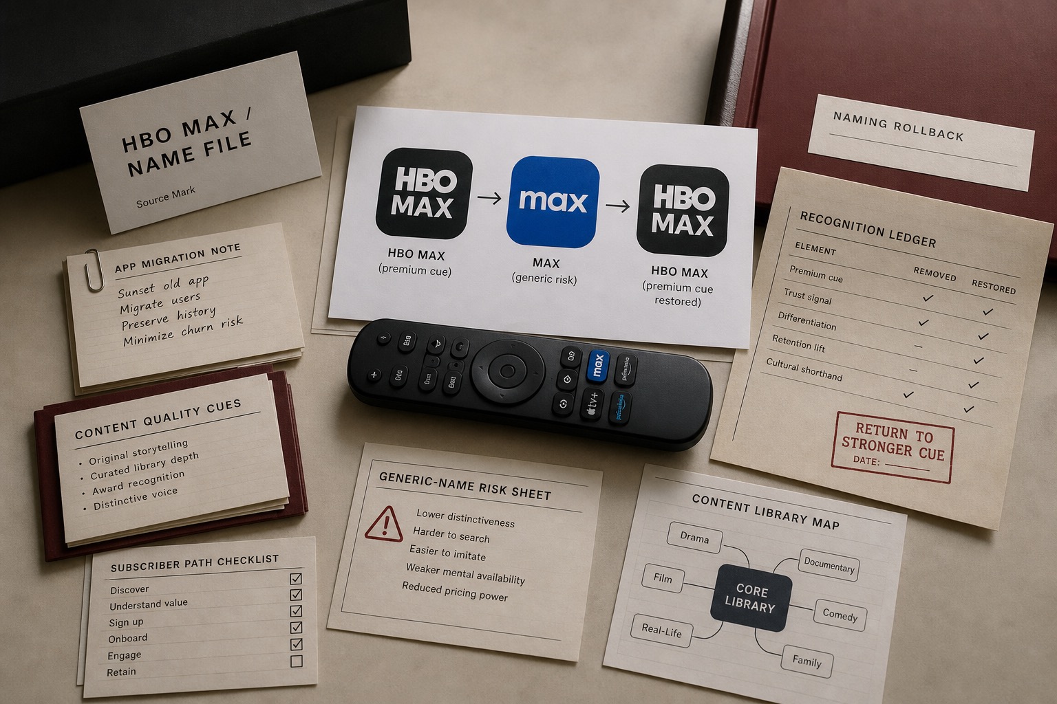 Premium editorial archive still-life of a Max and HBO Max name rollback case with source-mark card, streaming remote, app-name comparison board, subscription dummy, content-quality cue cards, generic-name risk sheet, and reversal folder
