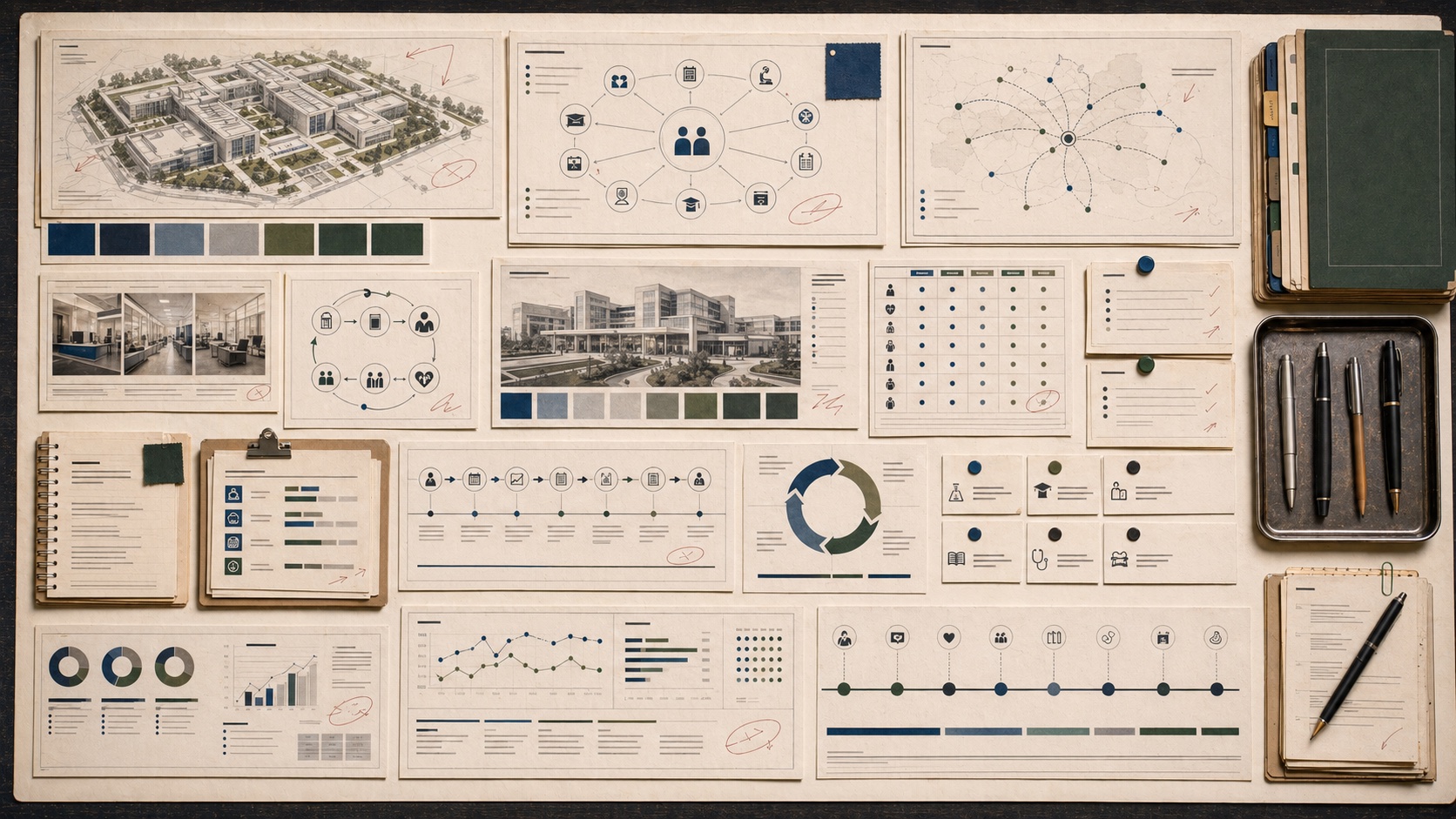 Premium editorial archive still-life of hospital campus plans, integrated care-team diagrams, referral maps, research-to-care loops, education cards, patient journey timelines, quality dashboards, and specialist collaboration charts