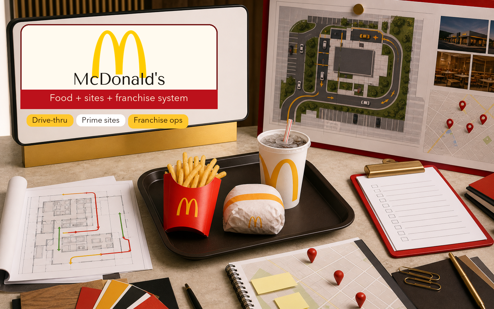 Photorealistic McDonald's brand-system desk with official Golden Arches cue, fries, burger, drink, tray, drive-thru layout, franchise operations clipboard, site map, and prime real-estate planning.