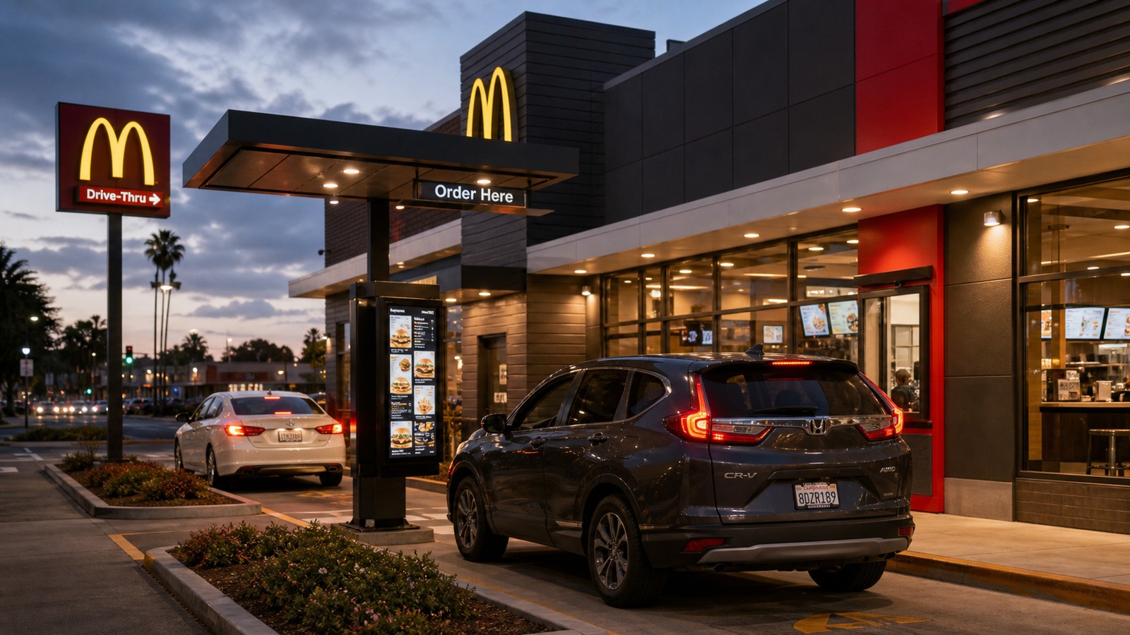 McDonald's drive-thru service visual with order canopy, pickup window, cars, restaurant fixtures, and Golden Arches signage.
