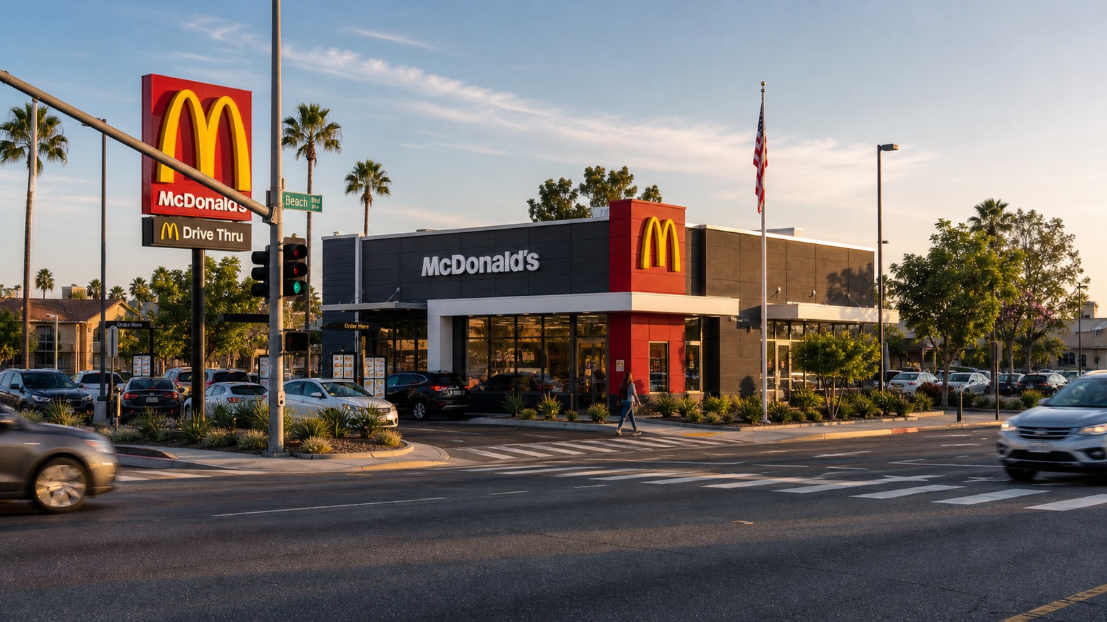 McDonald's prime corner-site visual with Golden Arches signage, road frontage, traffic, parking, and pedestrian access.