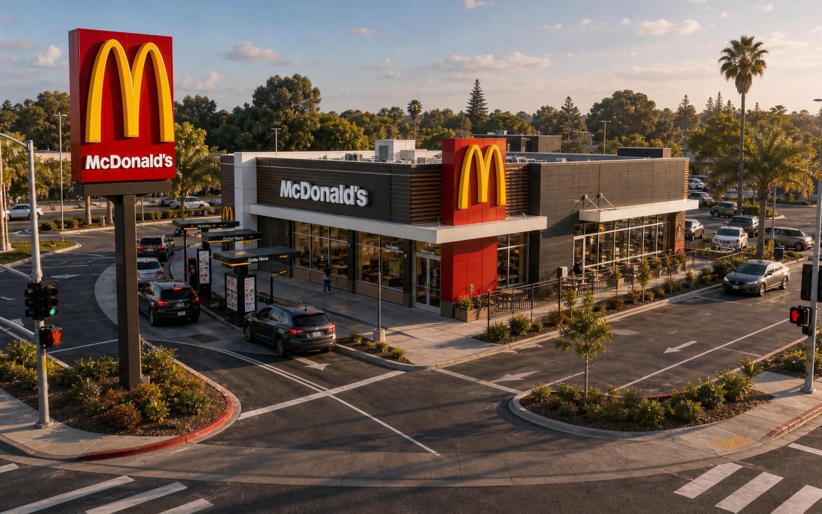 Photorealistic McDonald's corner restaurant with Golden Arches signage, drive-thru lanes, road frontage, parking, and prime-site visibility.