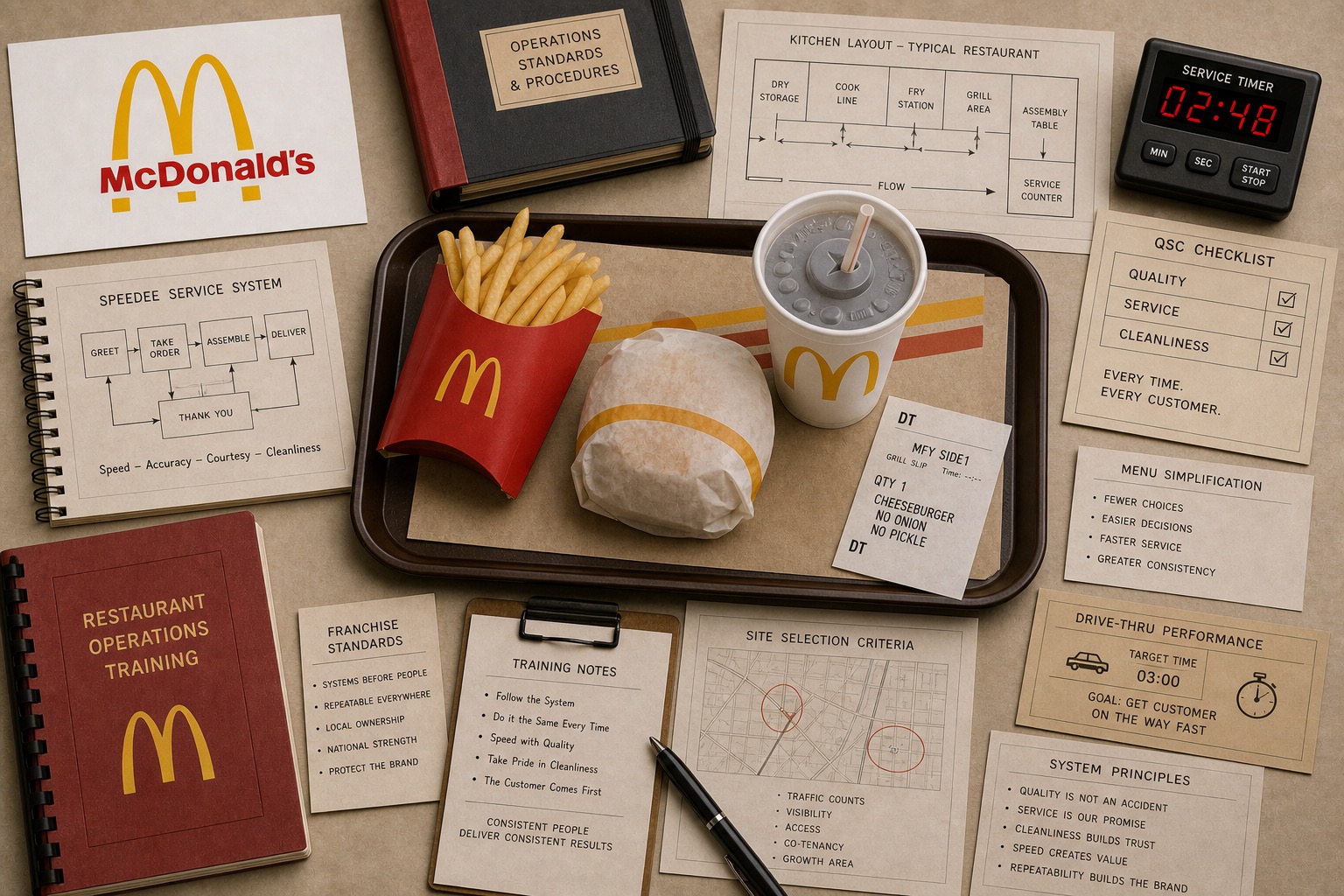Premium editorial archive still-life of a McDonald's service-system case with a McDonald's source-mark card, burger and fries tray, Speedee Service System sheet, kitchen layout, service timer, QSC checklist, franchise standards notes, restaurant operations training binder, drive-thru performance card, and site-selection map