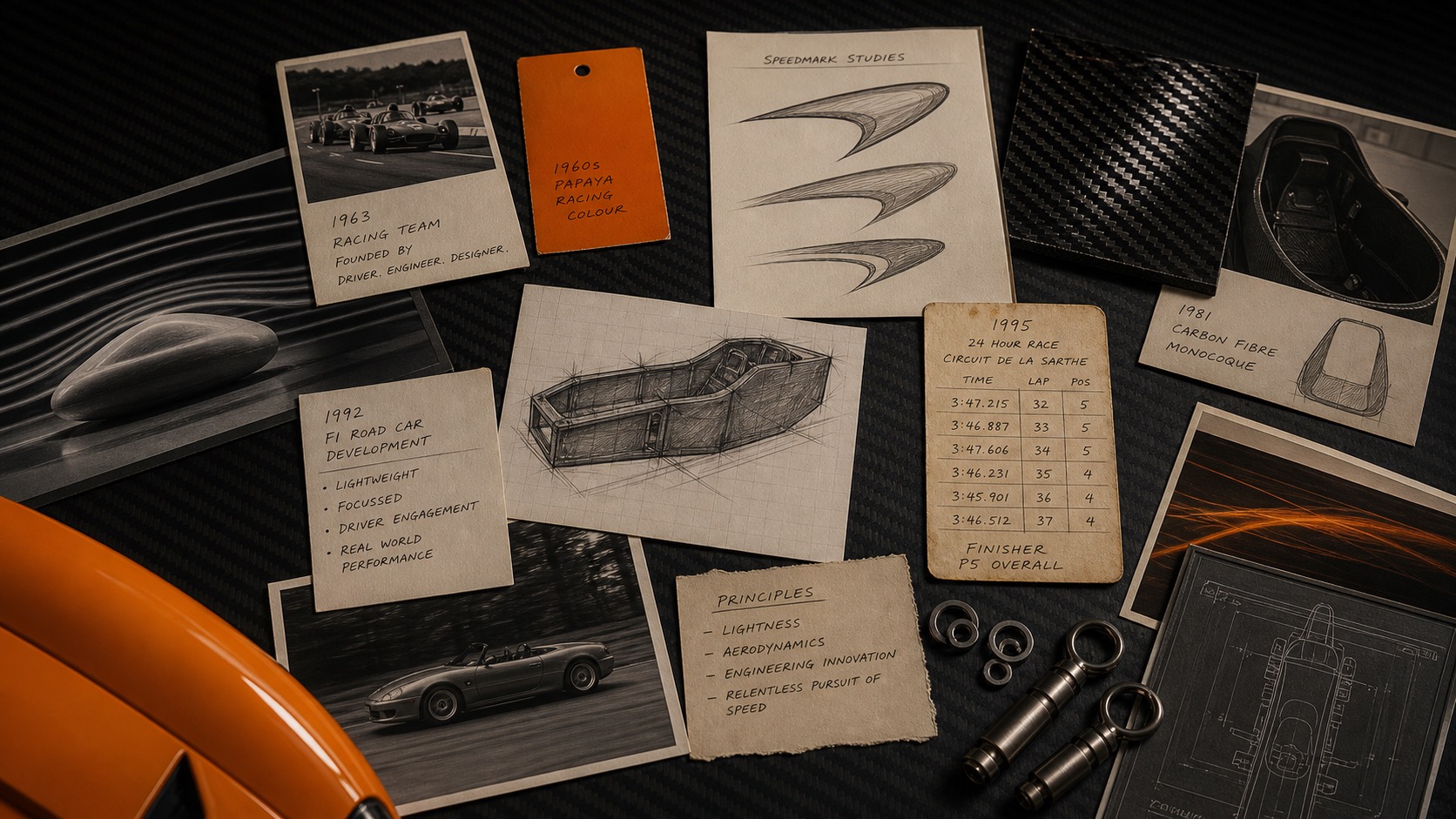 Premium editorial archive still-life of a McLaren carbon-fiber speed case with aerodynamic speedmark study, 1963 racing team card, papaya paint swatch, 1981 carbon monocoque note, 1992 F1 road car card, 1995 Le Mans timing slip, carbon weave sample, wind-tunnel lines, and lightweight fasteners