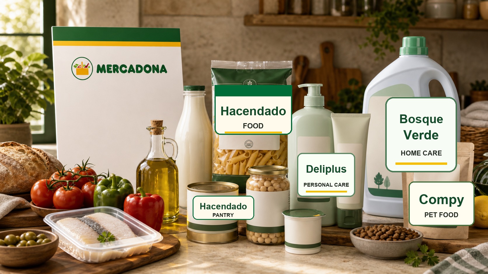 Premium editorial still-life of a Mercadona Spanish supermarket system with Mercadona source card and package mockups labeled Hacendado, Deliplus, Bosque Verde, and Compy beside fresh food, olive oil, dairy, fish, and produce