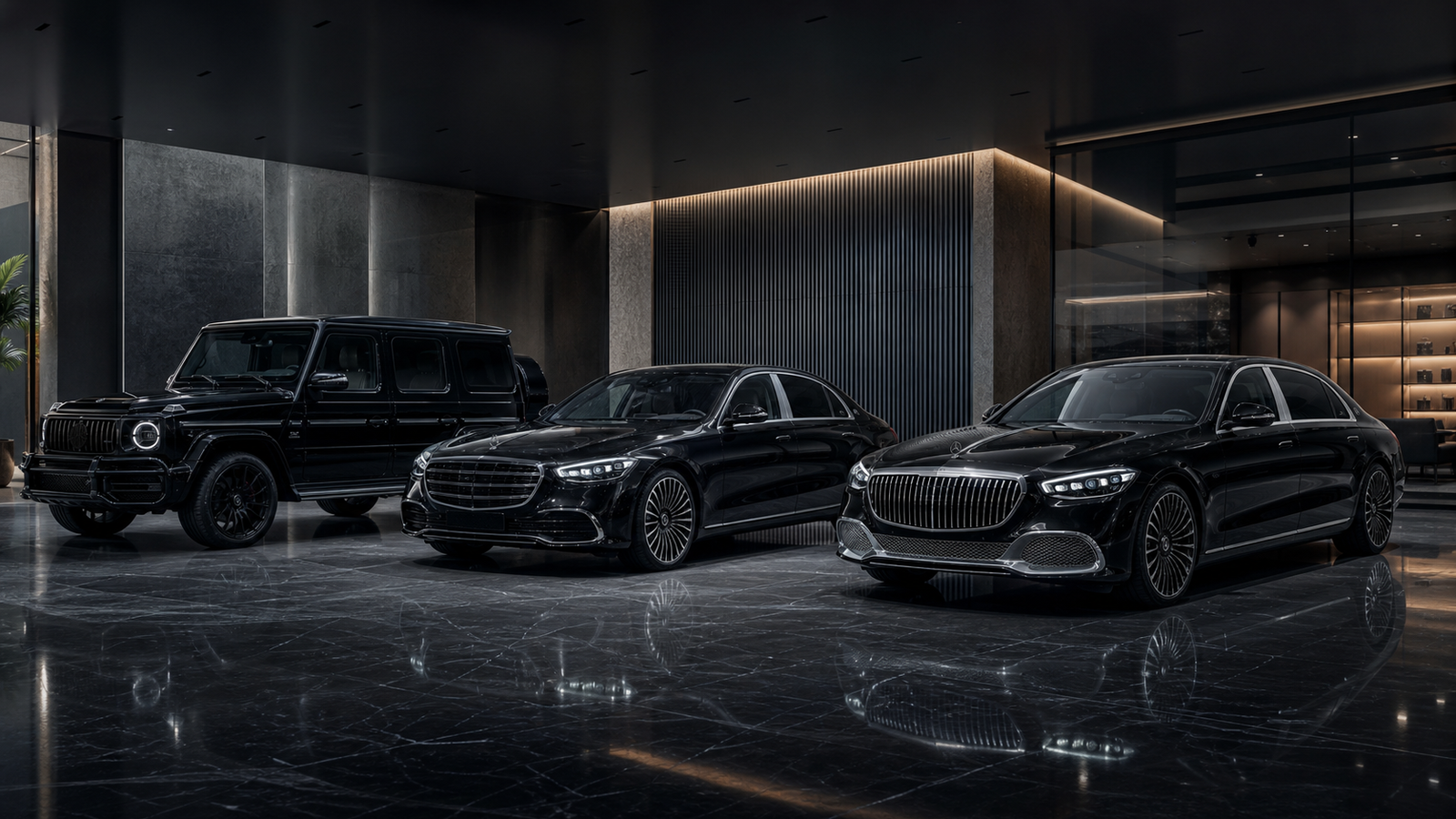 Black Mercedes-Benz G-Class, S-Class, and Maybach-style flagship sedan standing next to each other inside a dark luxury showroom.