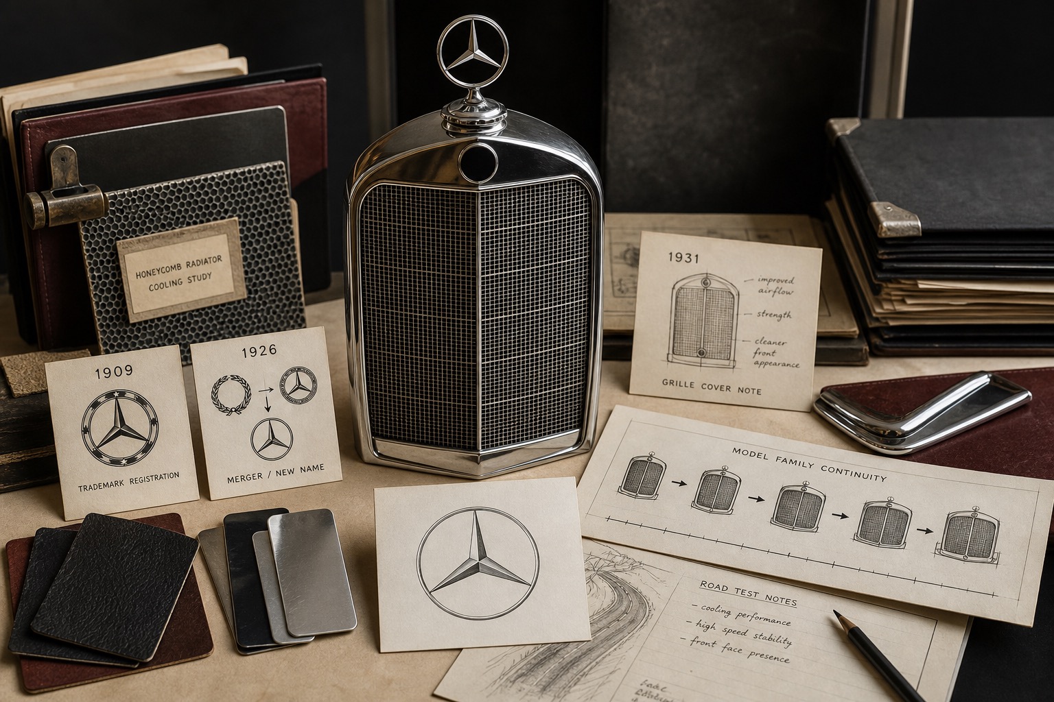 Premium editorial archive still-life of a Mercedes-Benz three-pointed star engineering case with star source-mark card, upright radiator grille study, silver and black material swatches, 1909 card, 1926 card, 1931 grille note, and model-family continuity diagram