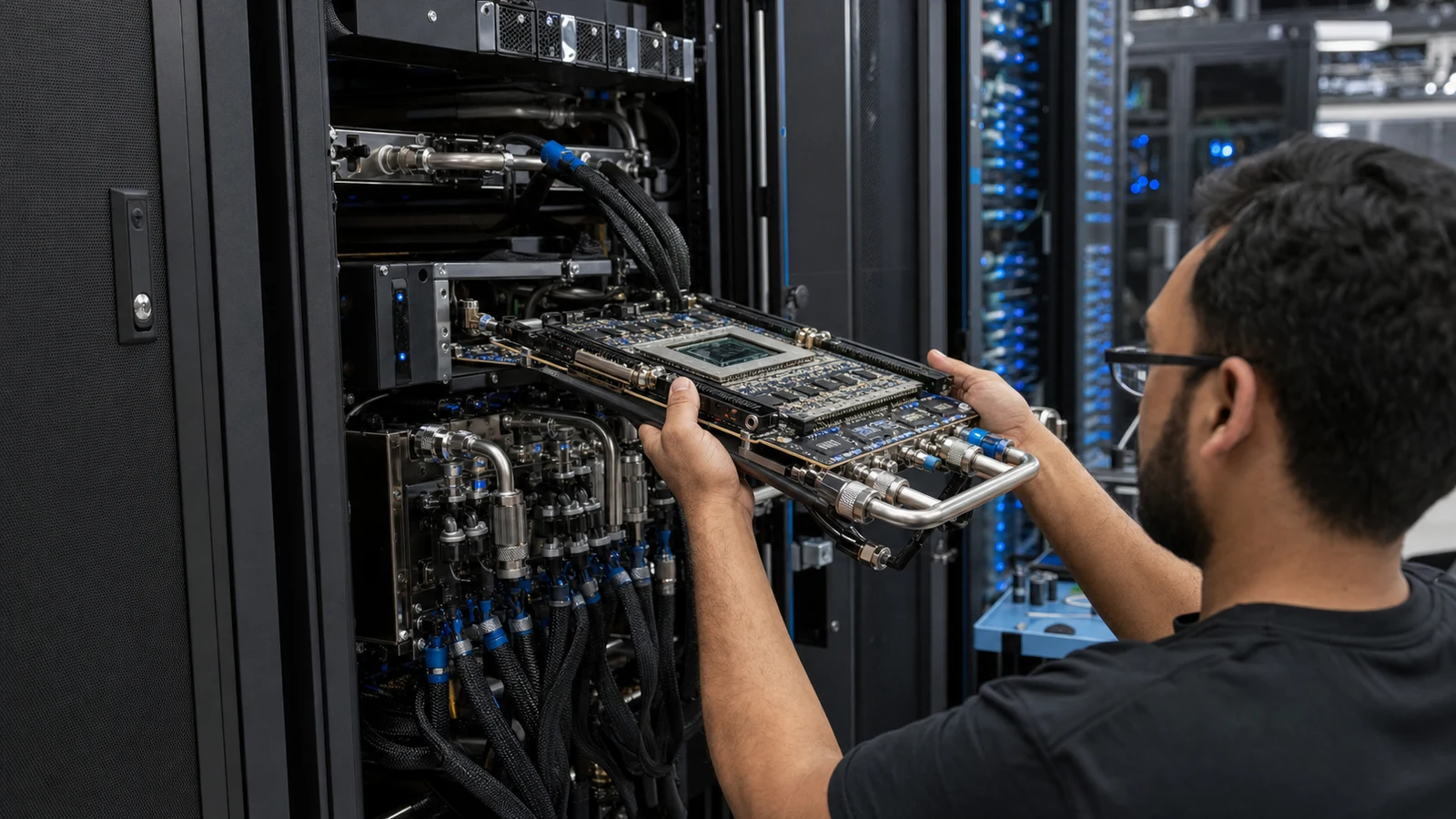 Engineer installing an unbranded AI accelerator board into a liquid-cooled server rack.