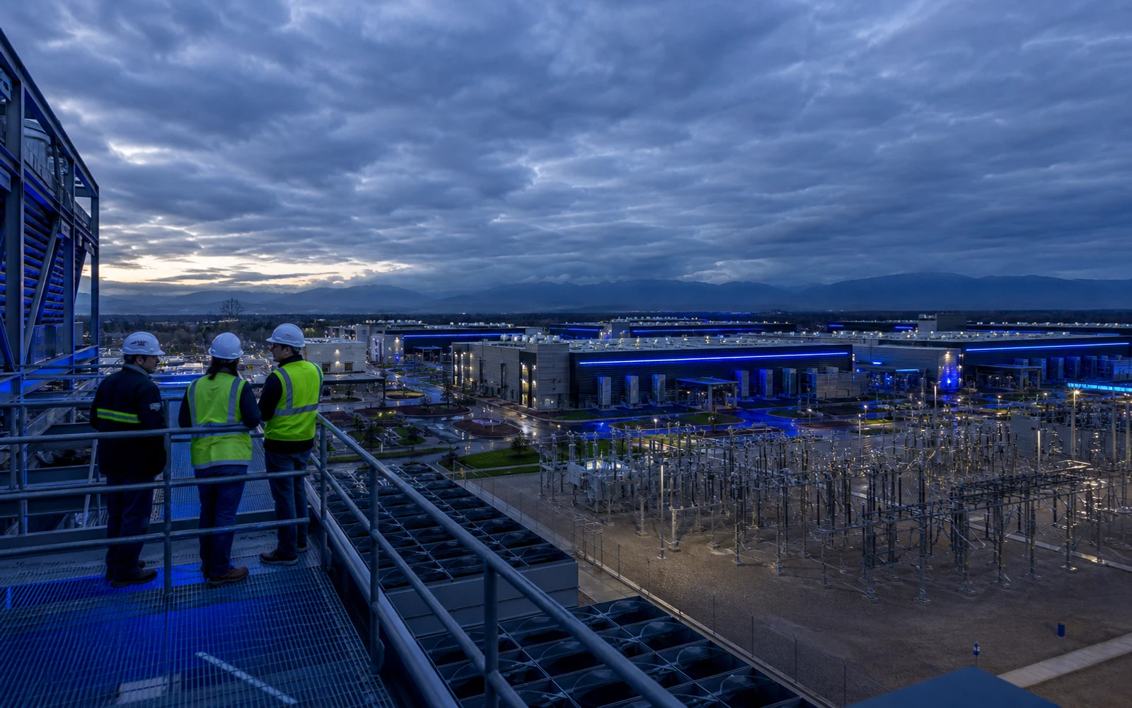 Large AI data-center campus with electrical and cooling infrastructure at blue hour.