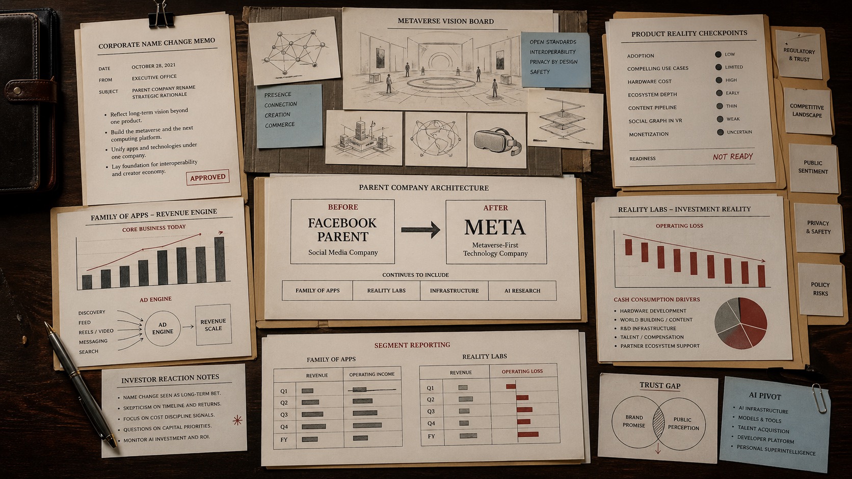Premium editorial archive still-life of a corporate rebrand decision board with parent-company architecture, metaverse vision files, Family of Apps revenue ledger, Reality Labs loss charts, trust-gap notes, and product-reality checkpoints
