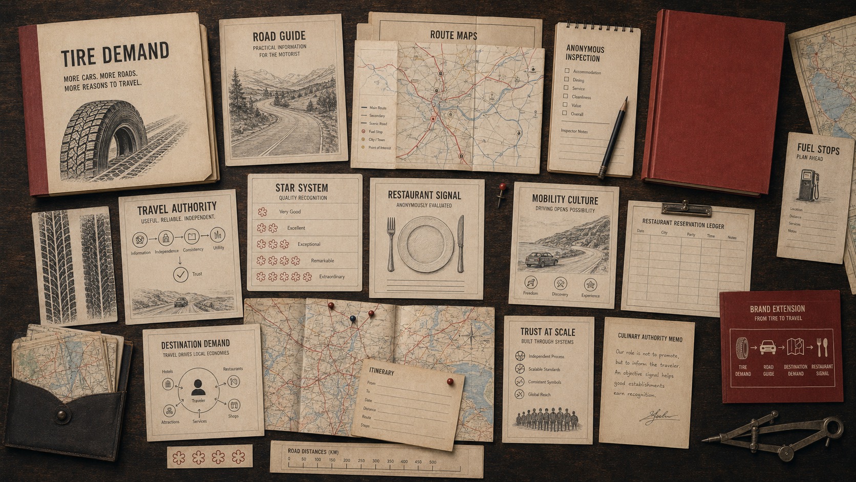 Premium editorial archive still-life of a Michelin travel authority case board with generic tire tread strips, road guide files, route maps, anonymous inspection notebook, star system card, restaurant signal sheet, destination-demand chart, mobility culture notes, red guidebook-inspired blank covers, and brand extension diagram