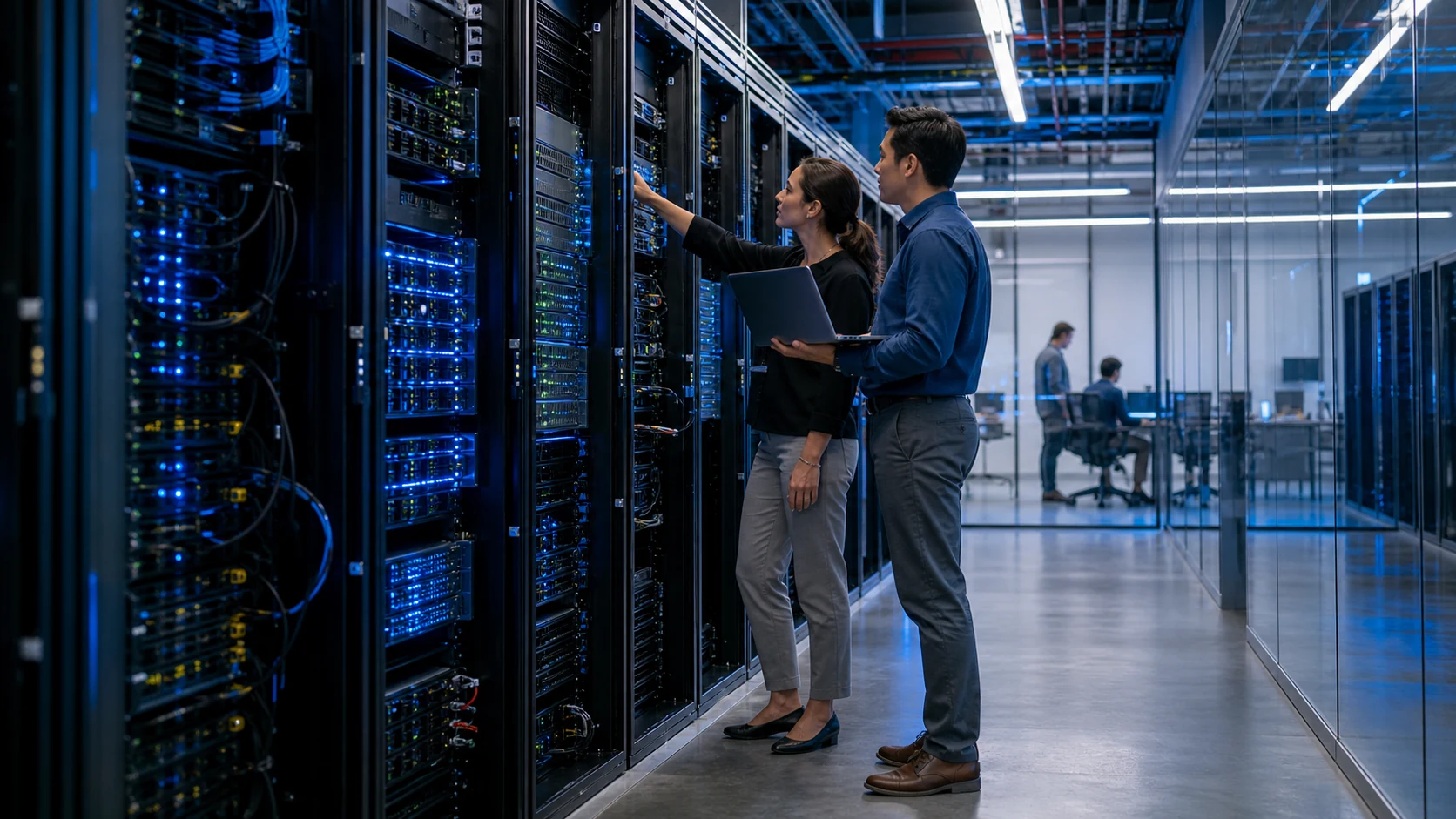 Two infrastructure engineers inspect server equipment in a hyperscale cloud operations facility.