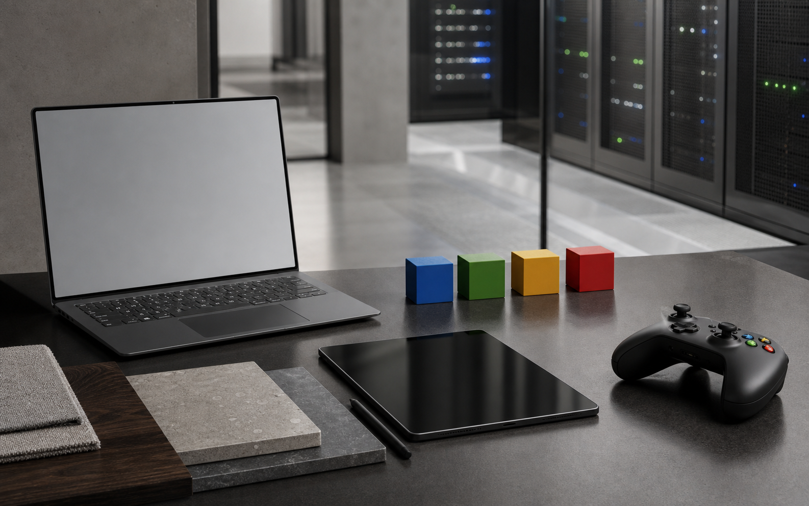 Microsoft system scene with laptop, tablet, gaming controller, cloud infrastructure, and four-color material cues without rendered marks or interface screens.
