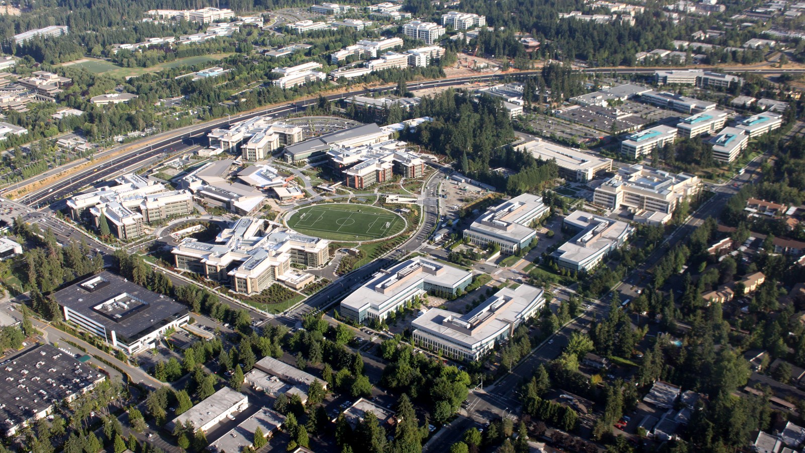 Aerial view of the Microsoft West Campus in Redmond.