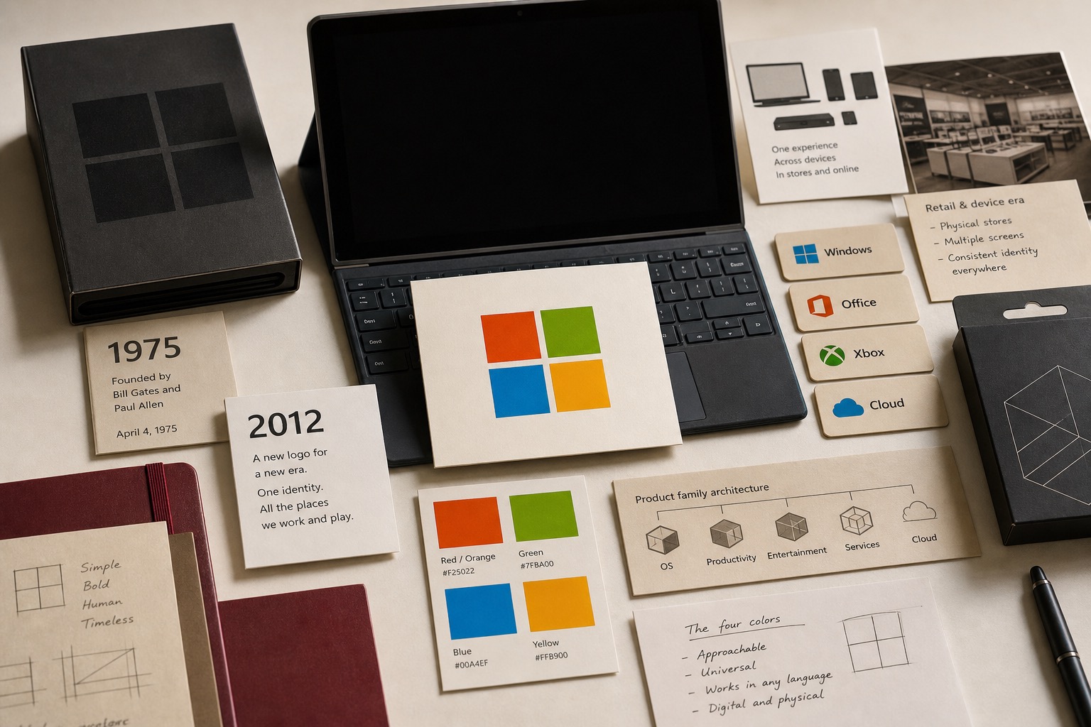 Premium editorial archive still-life of a Microsoft four-color window platform case with a blank device, four-color source-mark card, 1975 and 2012 cards, product family tabs, retail notes, and software boxes