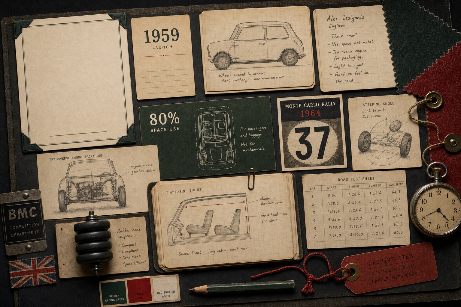 Premium editorial archive still-life of a MINI space-use and go-kart-feeling case with compact car silhouette, 1959 launch card, Alec Issigonis note, transverse-engine diagram, 80 percent space-use card, rubber suspension sample, Monte Carlo Rally 1964 card, steering angle diagram, cabin layout study, and road-test timing sheet