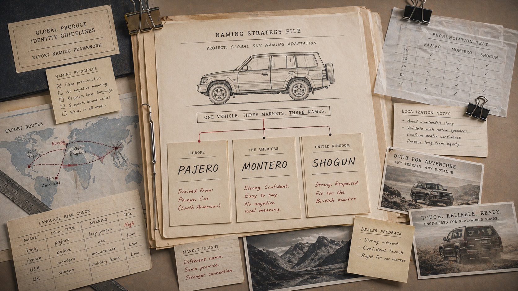 Premium editorial archive still-life of three market-name cards, an export route map, and one off-road vehicle outline