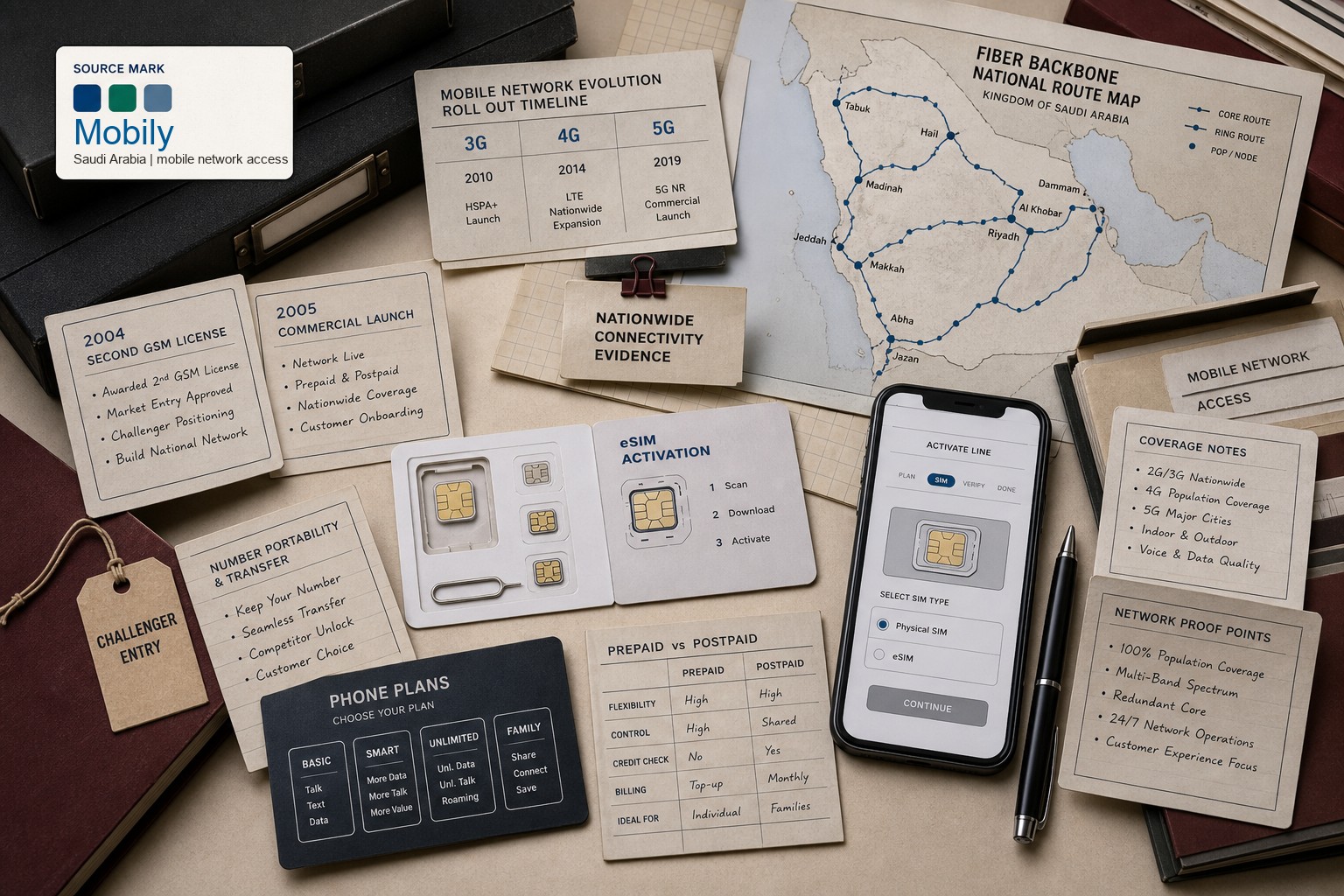 Premium editorial archive still-life of a Mobily telecom challenger case with source-mark card, 2004 second GSM license file, 2005 commercial launch card, SIM trays, eSIM activation card, phone plan cards, fiber backbone map, 3G 4G 5G rollout timeline, number transfer note, and coverage proof cards