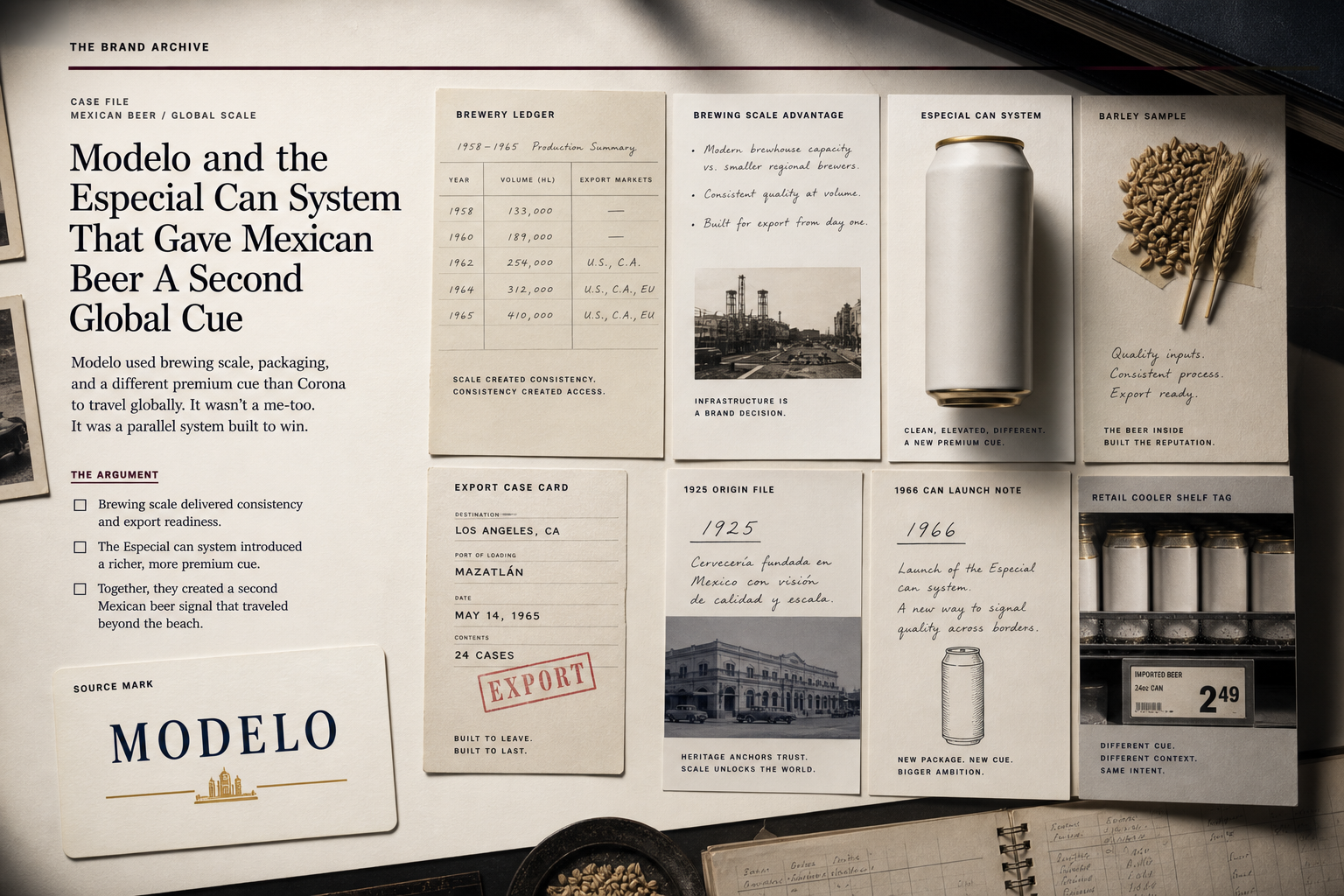 Premium editorial archive still-life of a Modelo Especial can system case with source-mark card, blank beer can silhouette, brewery ledger, barley sample, export case card, retail cooler tag, 1925 origin file, and 1966 can launch note