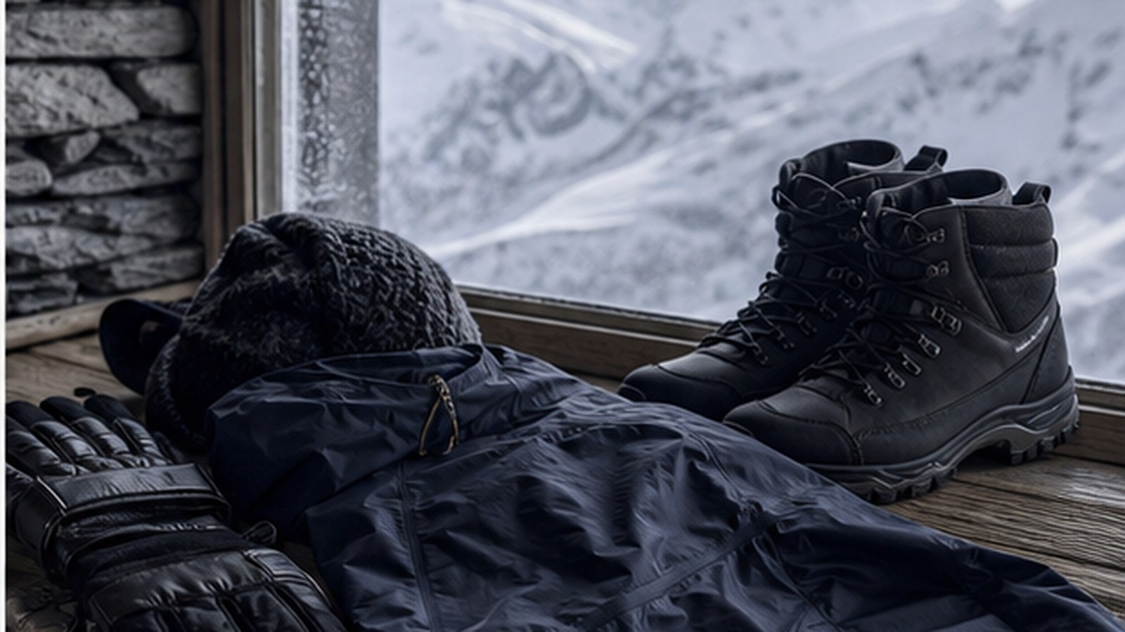 Moncler generated non-logo brand visual: Mountain context keeps the category sharp.