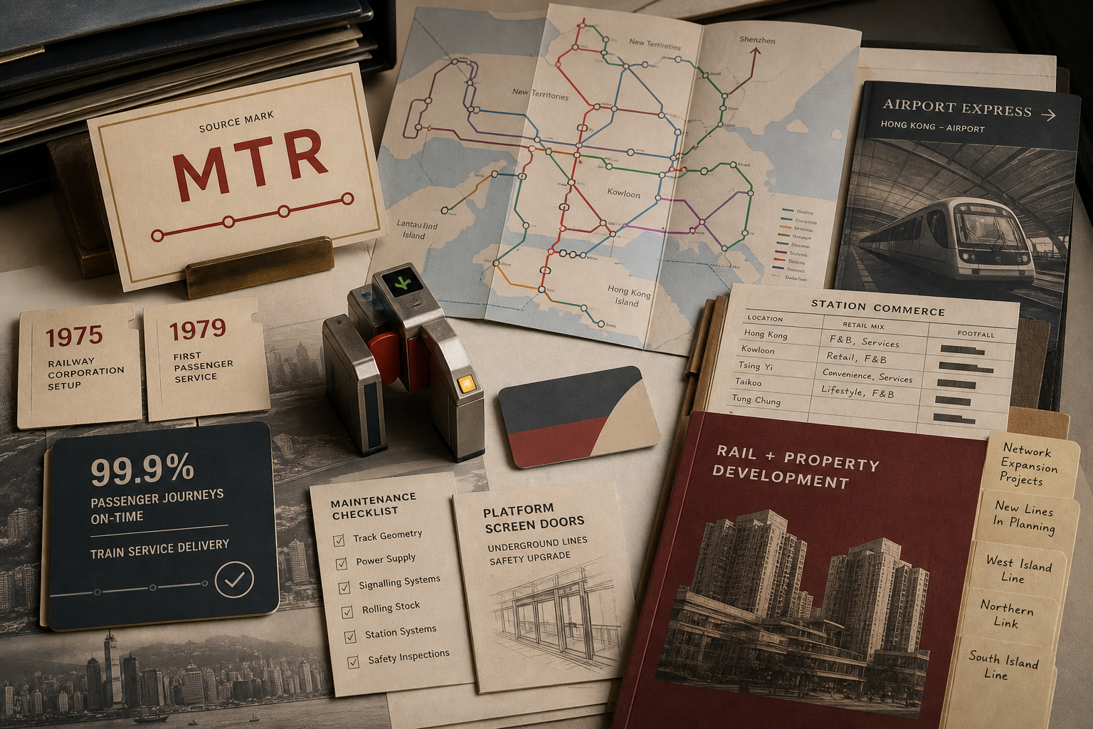 Premium AI-generated archive-table still-life for the MTR case with MTR source-card, abstract Hong Kong railway map, fare gate validator, blank transit card, 1975 setup tab, 1979 first service tab, 99.9 percent reliability card, Airport Express file, station commerce ledger, maintenance checklist, platform screen door note, rail plus property folder, and network expansion tabs