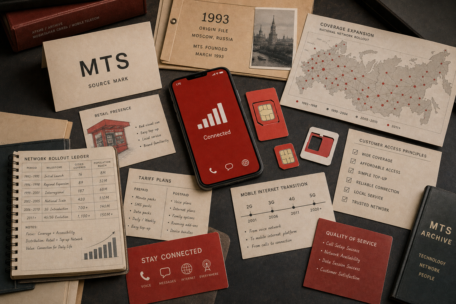 Premium editorial archive still-life of an MTS red mobile network case with source-mark card, red SIM card, phone with generic signal bars, coverage map, 1993 origin file, tariff cards, retail kiosk note, and network rollout ledger
