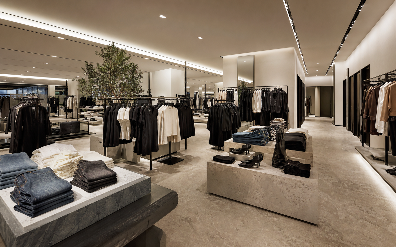 Neutral apparel retail environment with repeated materials and orderly presentation.