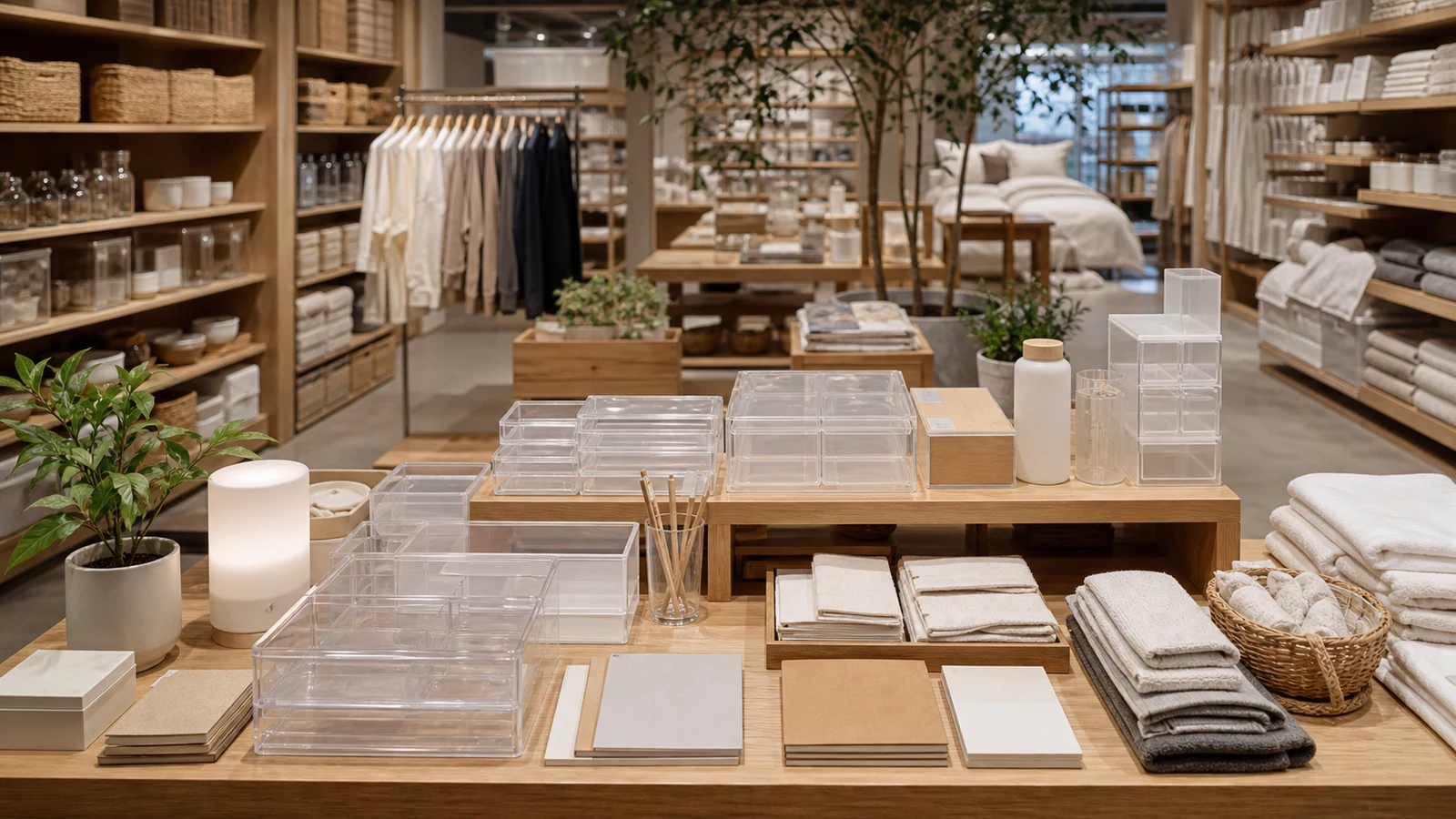 MUJI household objects arranged by material and daily use.