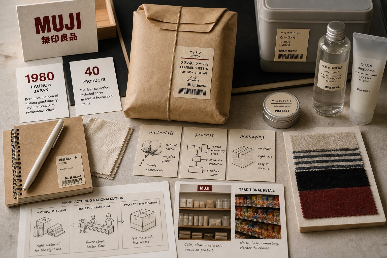 Premium editorial archive still-life of a MUJI no-brand quality retail case with plain packaging, red source-mark card, fabric swatches, 1980 card, 40-products card, and material process packaging notes