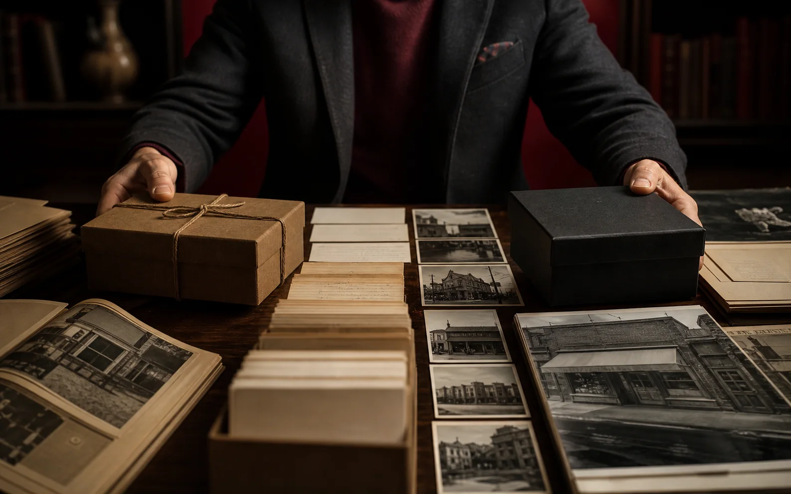 Identity archivist connecting old and new unmarked packages across address records and storefront photographs.