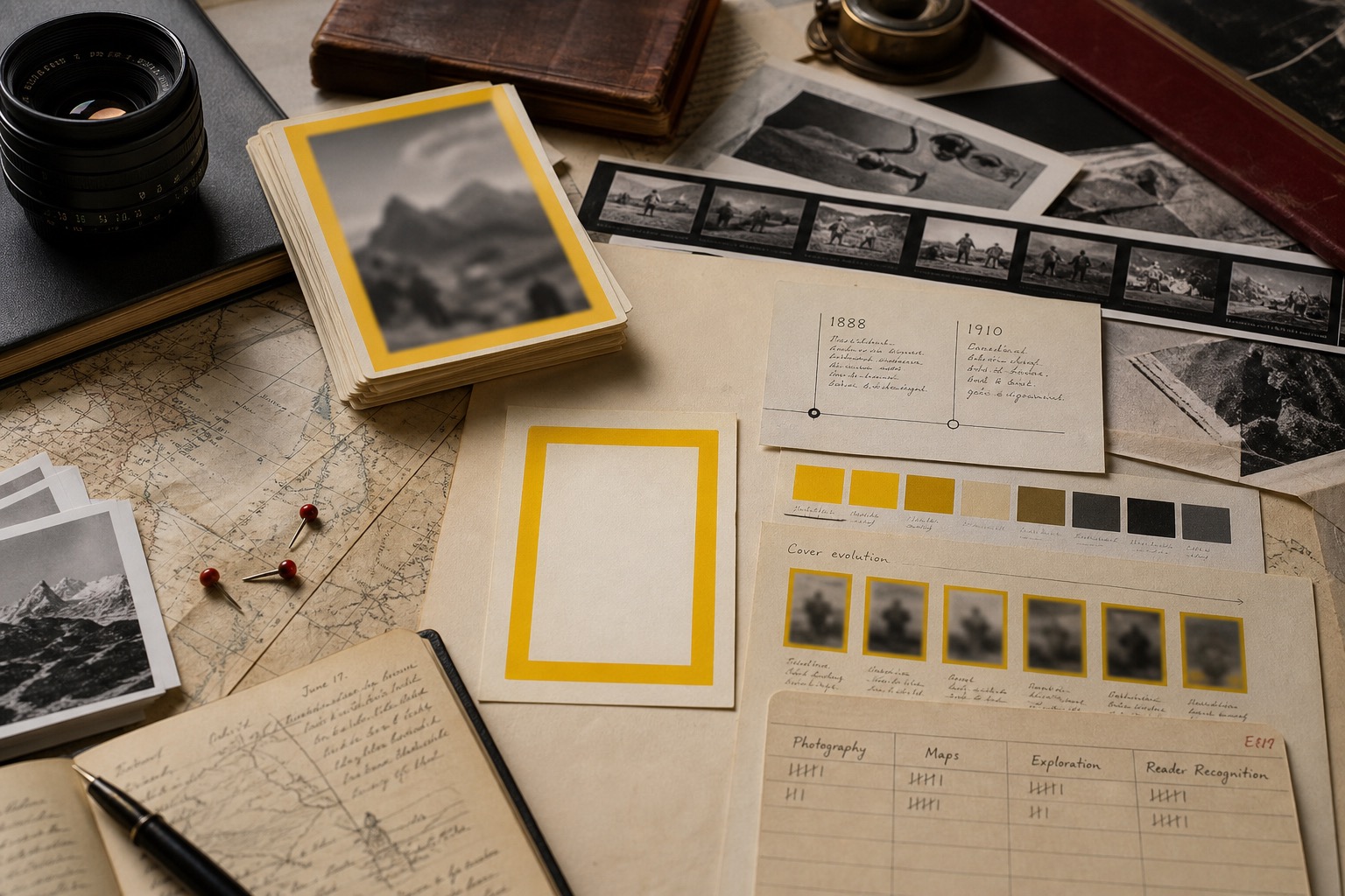 Premium editorial archive still-life of a National Geographic yellow frame recognition case with a blank yellow-frame card, field map, camera lens, expedition notebook, photo strips, color swatches, and cover study notes