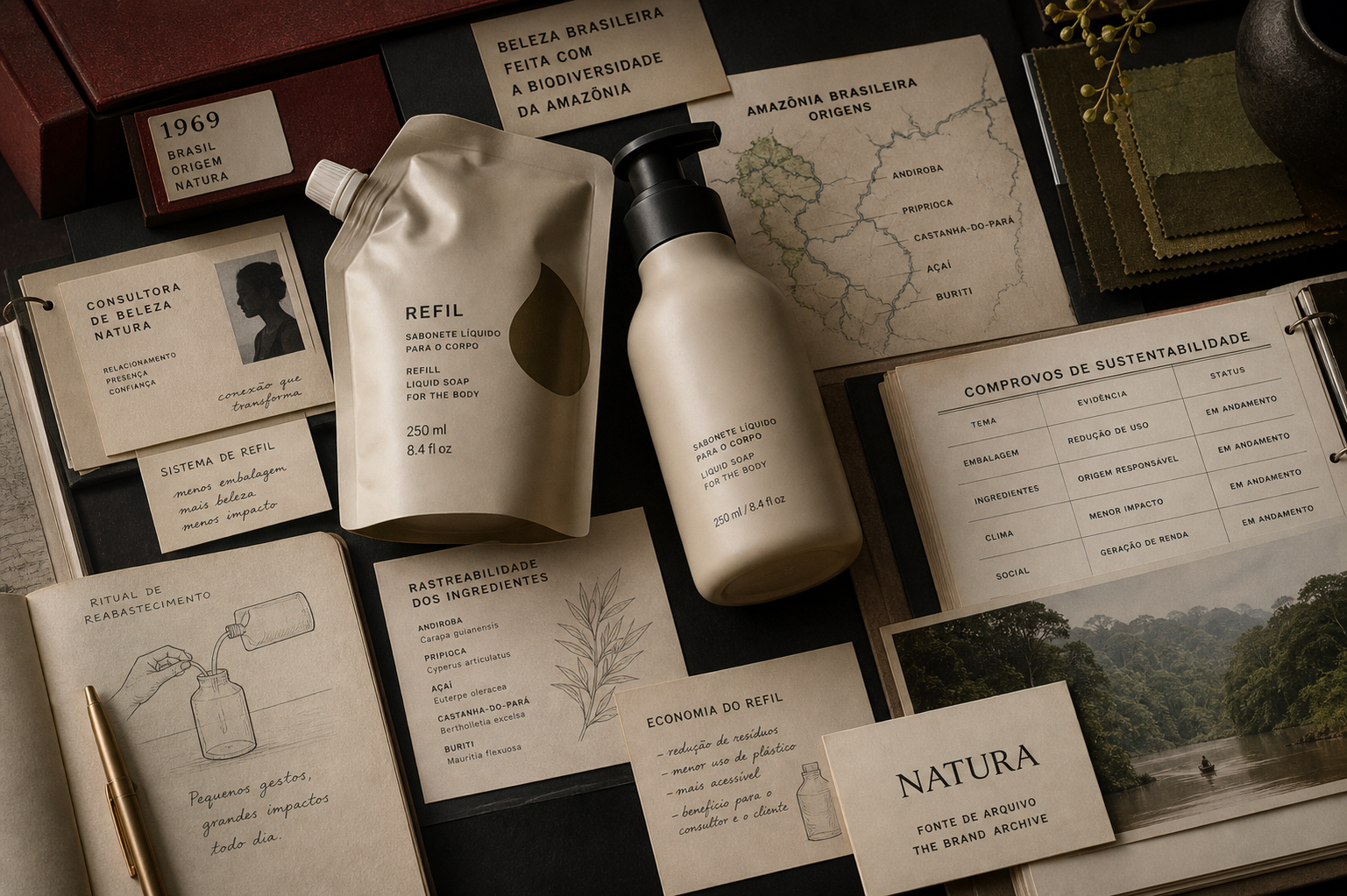 Premium editorial archive still-life of a Natura refill beauty case with source-mark card, refill pouch, lotion bottle silhouette, botanical ingredient cards, 1969 Brazil origin file, Amazon sourcing map, consultant card, and sustainability proof ledger