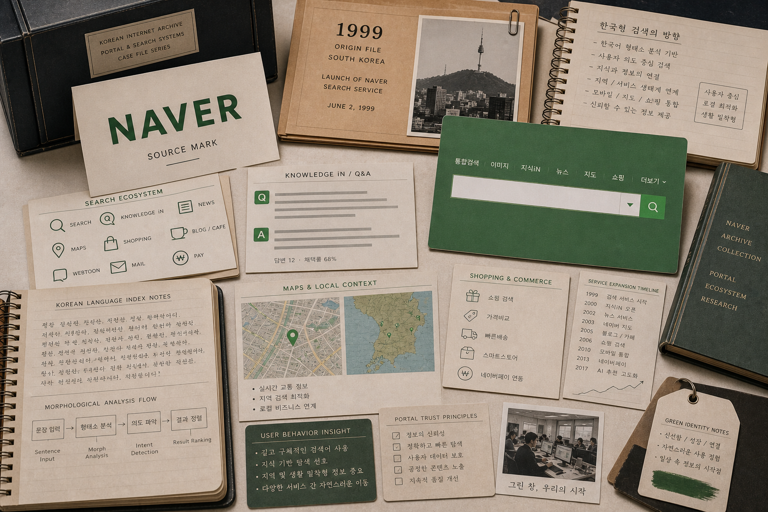 Premium editorial archive still-life of a Naver green search portal case with source-mark card, search cards, knowledge answer tiles, map pin, shopping tab cards, news stack, creator note, and payment token
