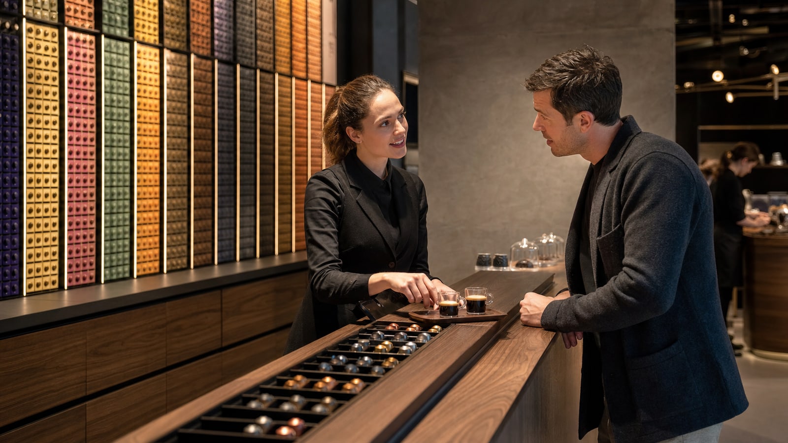 A boutique associate guides a customer through a two-cup coffee tasting beside an organized capsule wall.
