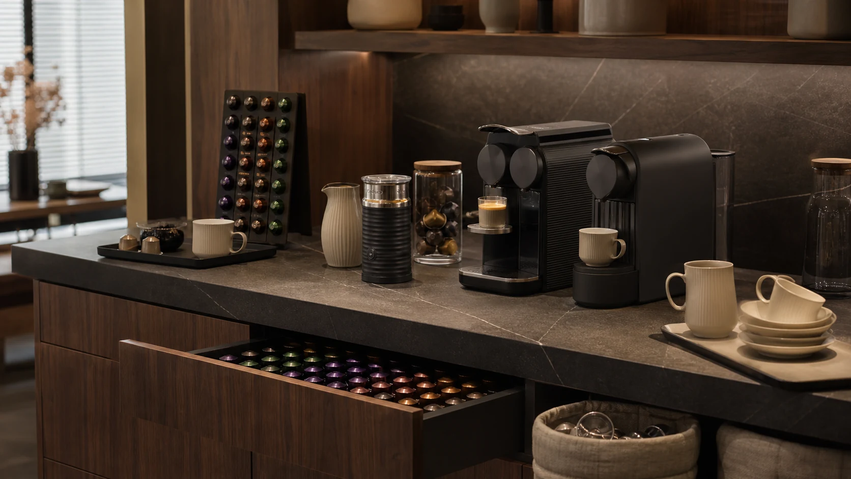 Nespresso-style capsule coffee ritual counter with espresso machine, capsule drawer, cups, and recycling cue.