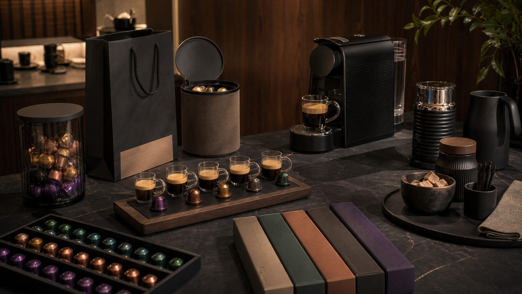 Nespresso-style boutique coffee service scene with capsules, tasting cups, machine detail, return bag, and recycling container cue, with no logos or lettering.