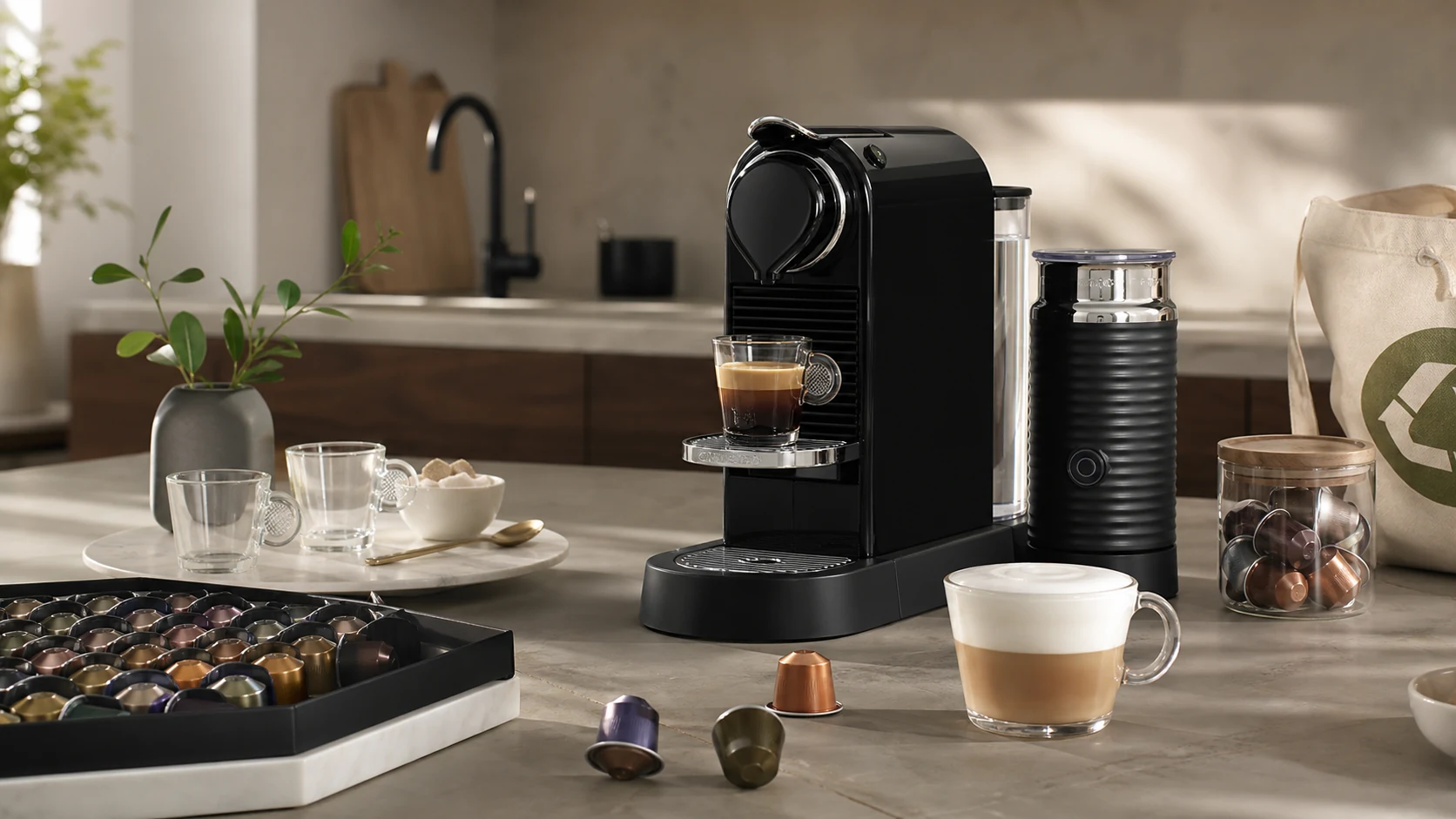 Nespresso capsule and machine recognition scene showing the ritual and recycling system without logo dependence.