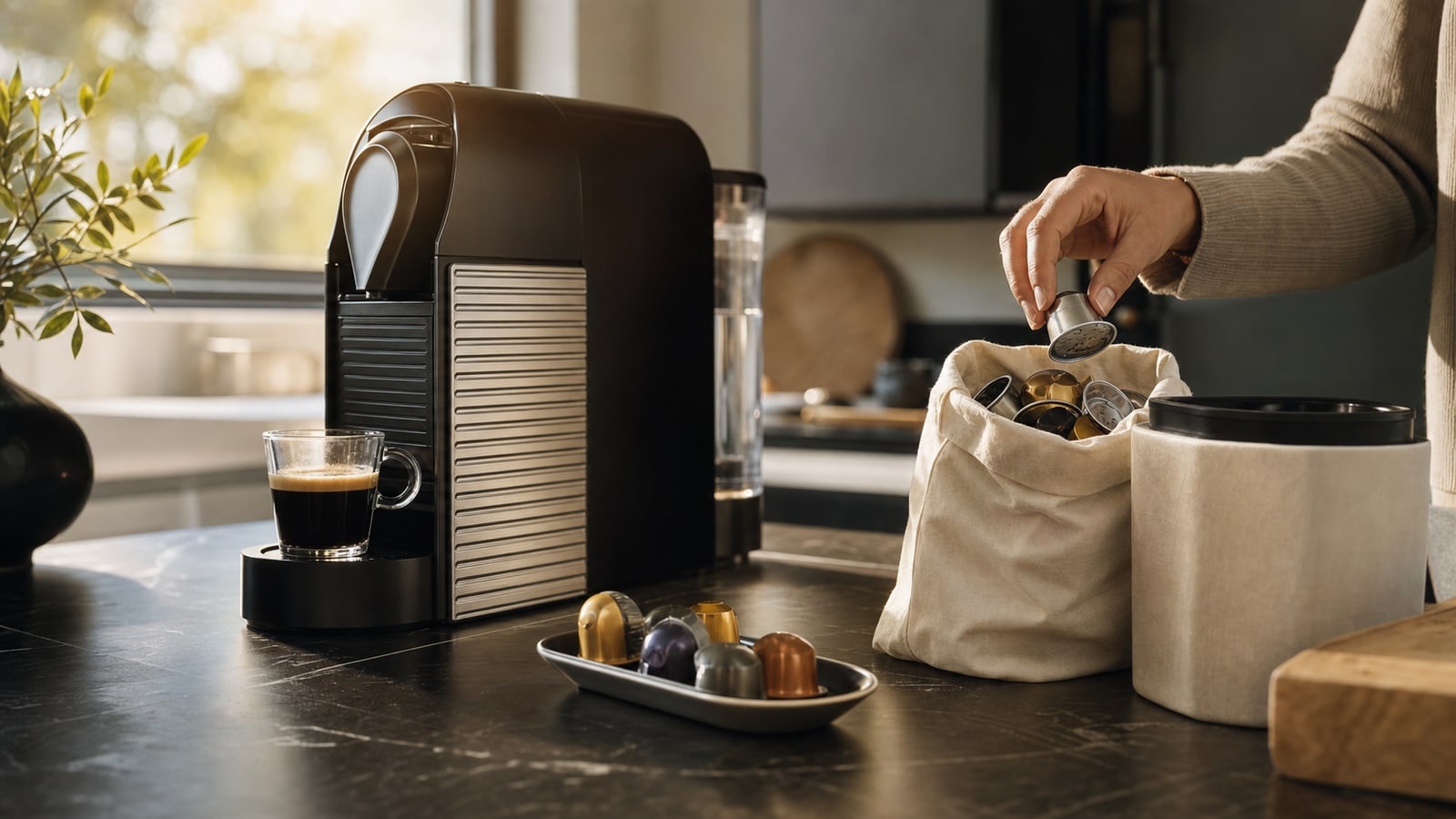 A customer places used coffee capsules into a return container beside a premium home coffee machine.