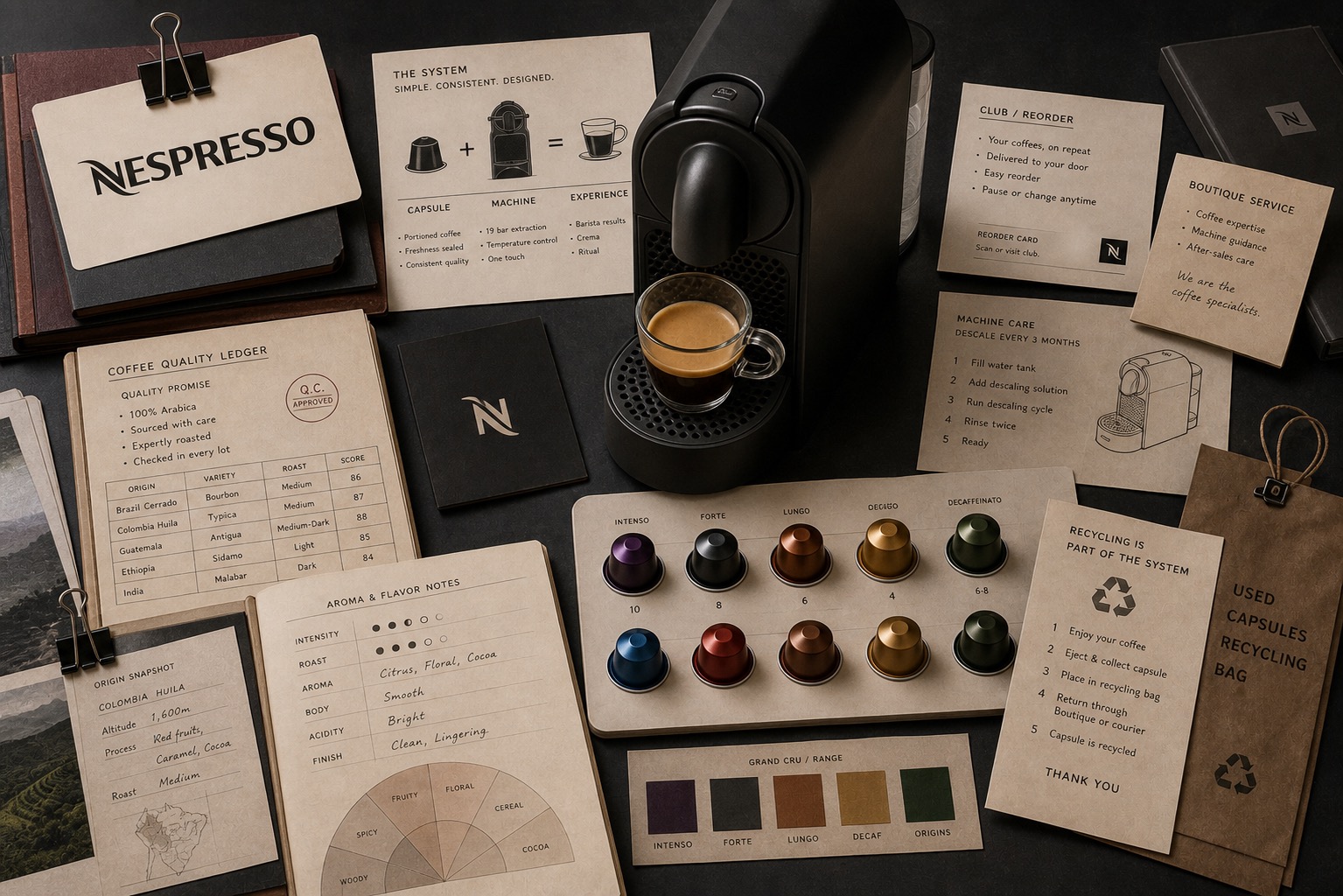 Premium editorial archive still-life of a Nespresso capsule coffee system case with a Nespresso source-mark card, central compact coffee machine, espresso cup, metallic capsule array, flavor notes, quality ledger, origin card, club reorder card, boutique service note, recycling bag, and maintenance checklist