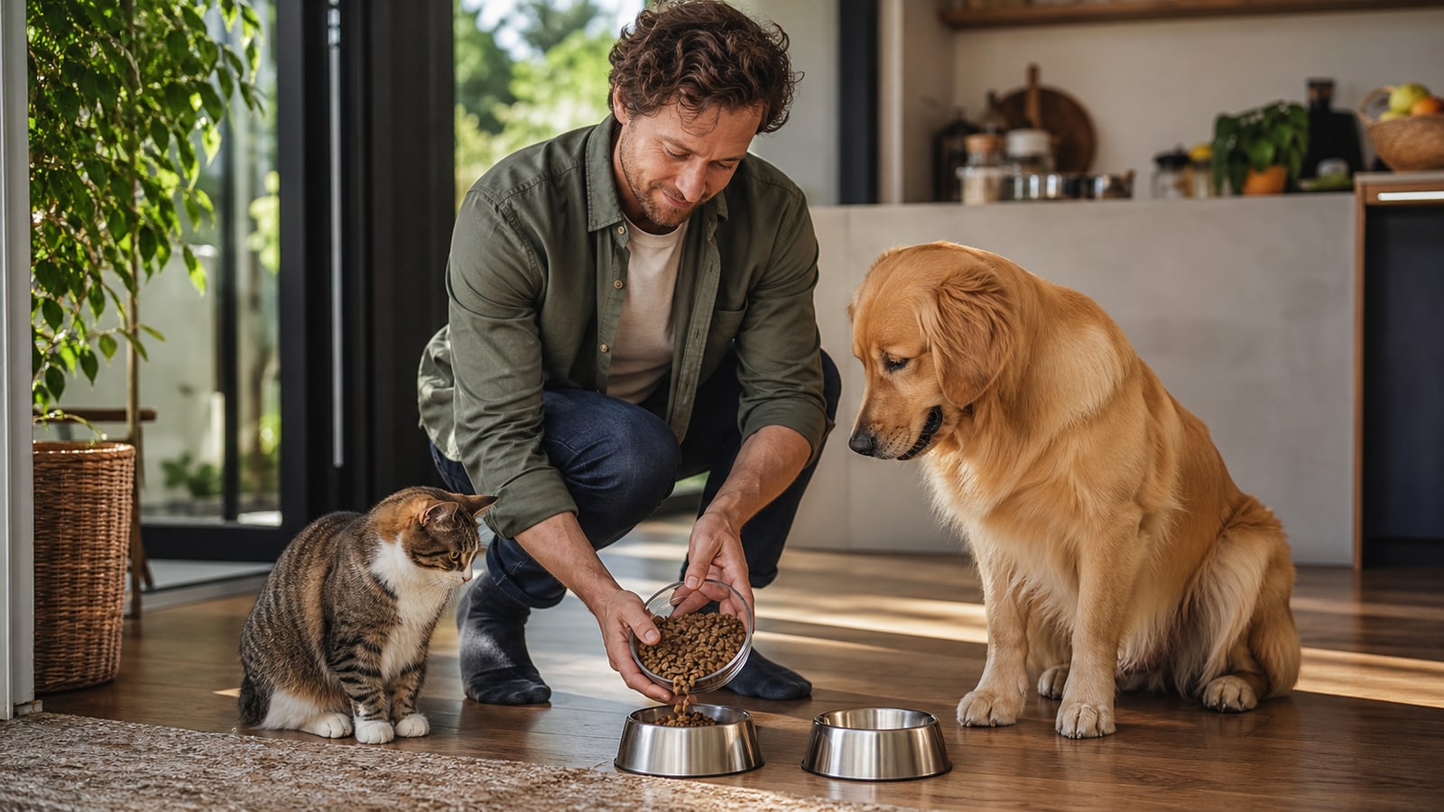 A pet owner serves food to a healthy dog and cat in a bright home kitchen.