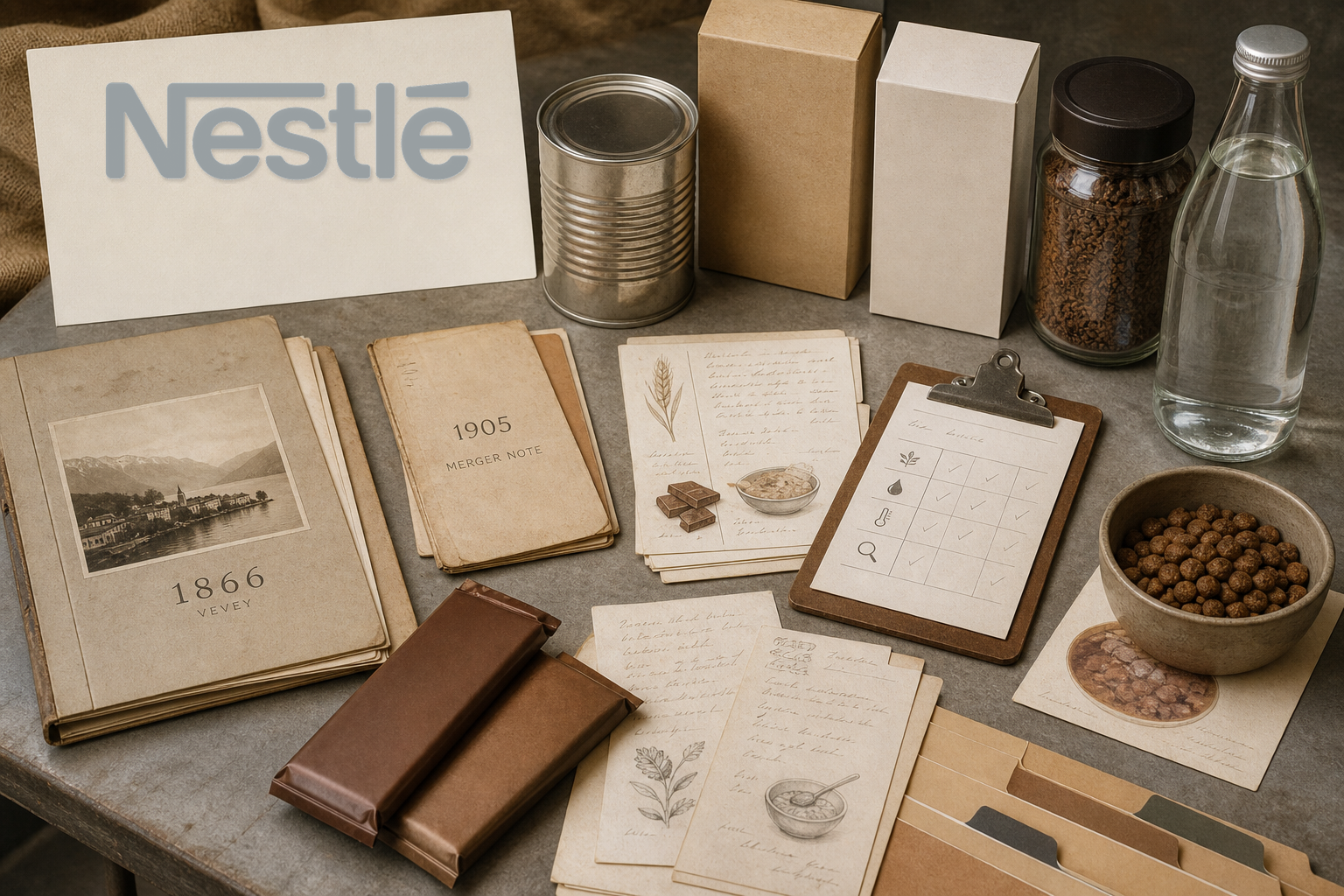 Premium editorial archive still-life of a Nestle nutrition portfolio case with Nestle source-mark card, 1866 origin folder, 1905 merger note, unlabeled milk tin, plain cereal boxes, chocolate wrapper silhouettes, coffee jar, water bottle, pet-food bowl card, quality checklist, recipe cards, and portfolio tabs