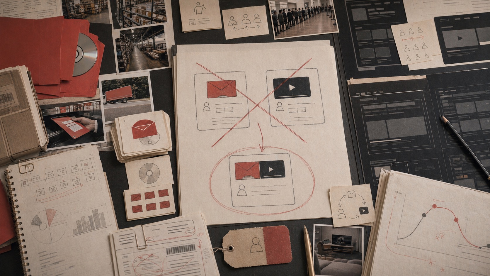 Generated archive desk showing anonymous DVD mail folders, streaming wireframes, split account cards, and a reconnected service diagram